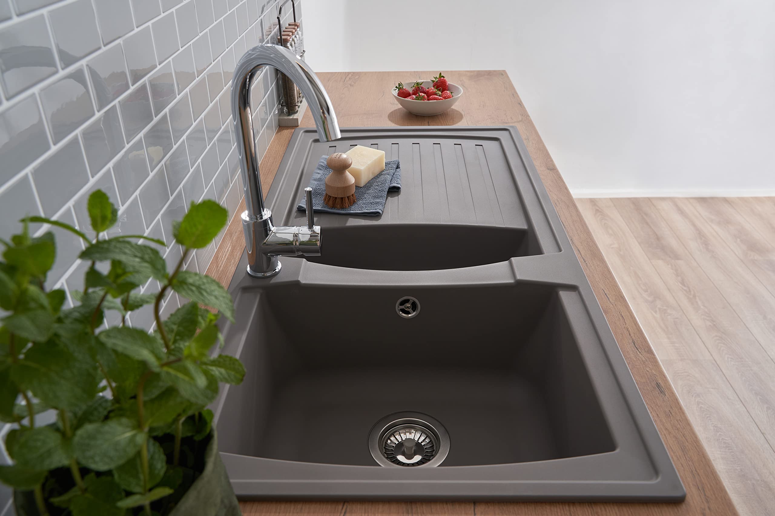 Respekta Évier minéralite en gris béton/Évier encastré 1,5 bac en 100 x 50 cm/Lavabo adapté pour les meubles sous évier dès 60 cm de largeur