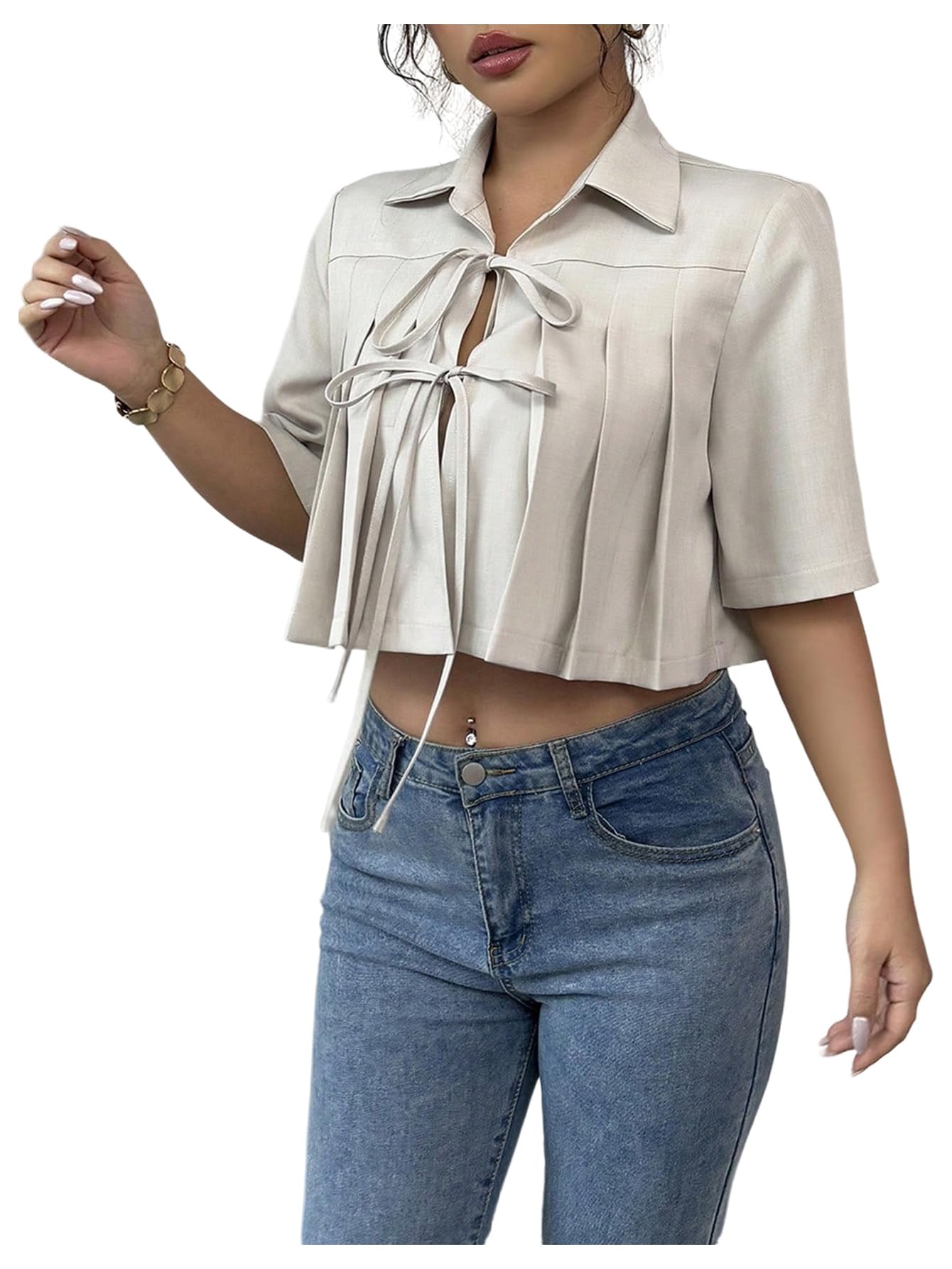 MakeMeChic Women's Bow Tie Front Blouse Half Sleeve Pleated Dressy Crop Tops