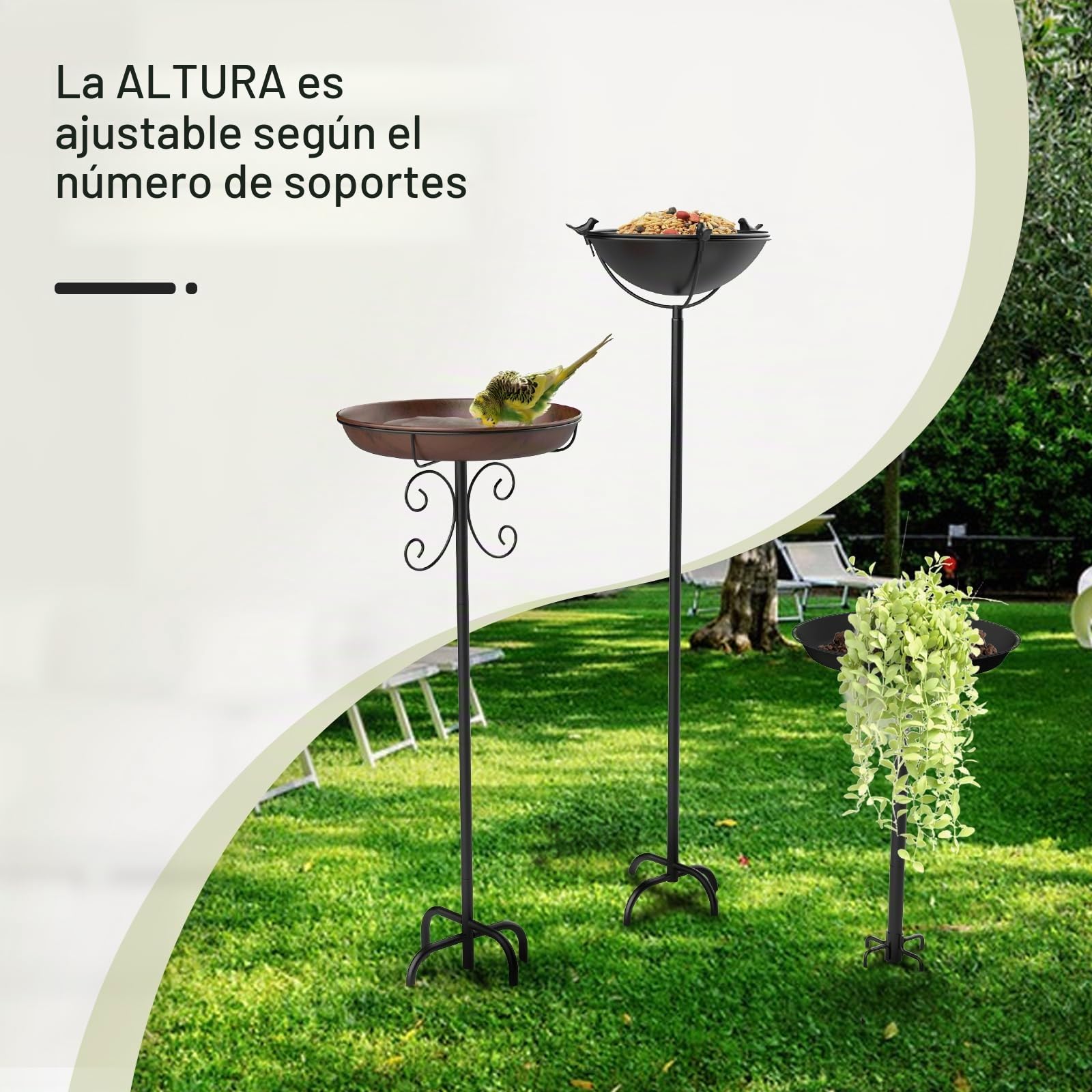 EFUTURETIME Comedero Pajaros Exterior Grande de Metal con Pie φ 26 X 90 cm Baño de Pájaros con Soporte Regulable en Altura para Balcón de Jardín, Color Bronce