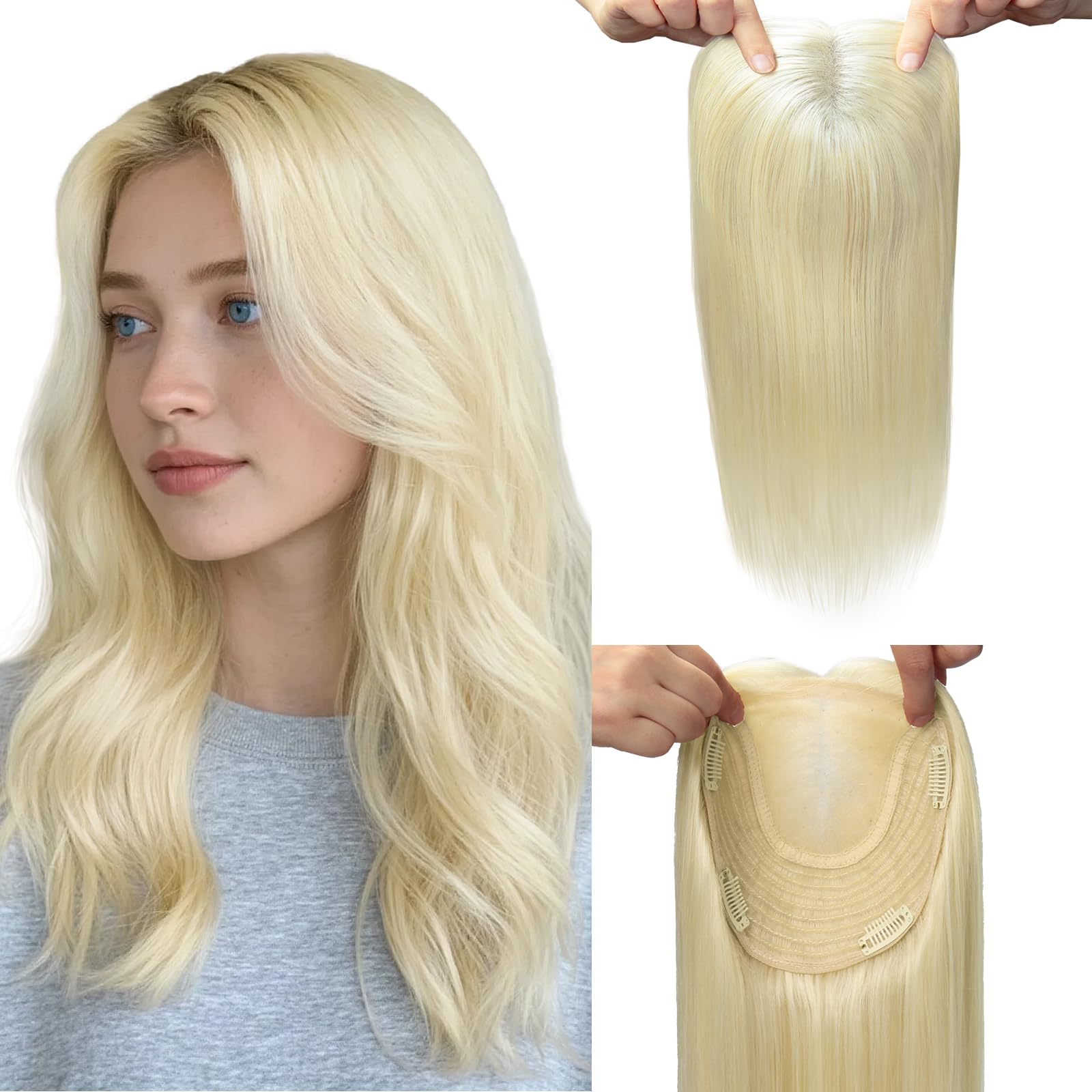 Topper Hair Piece Human Hair Topper 360° Cover 12inch 55g Hair Pieces for Women with Thinning Hair 6x7inch Large Base Platinum Blonde Add Hair Volume (#60Toppers-12inch)