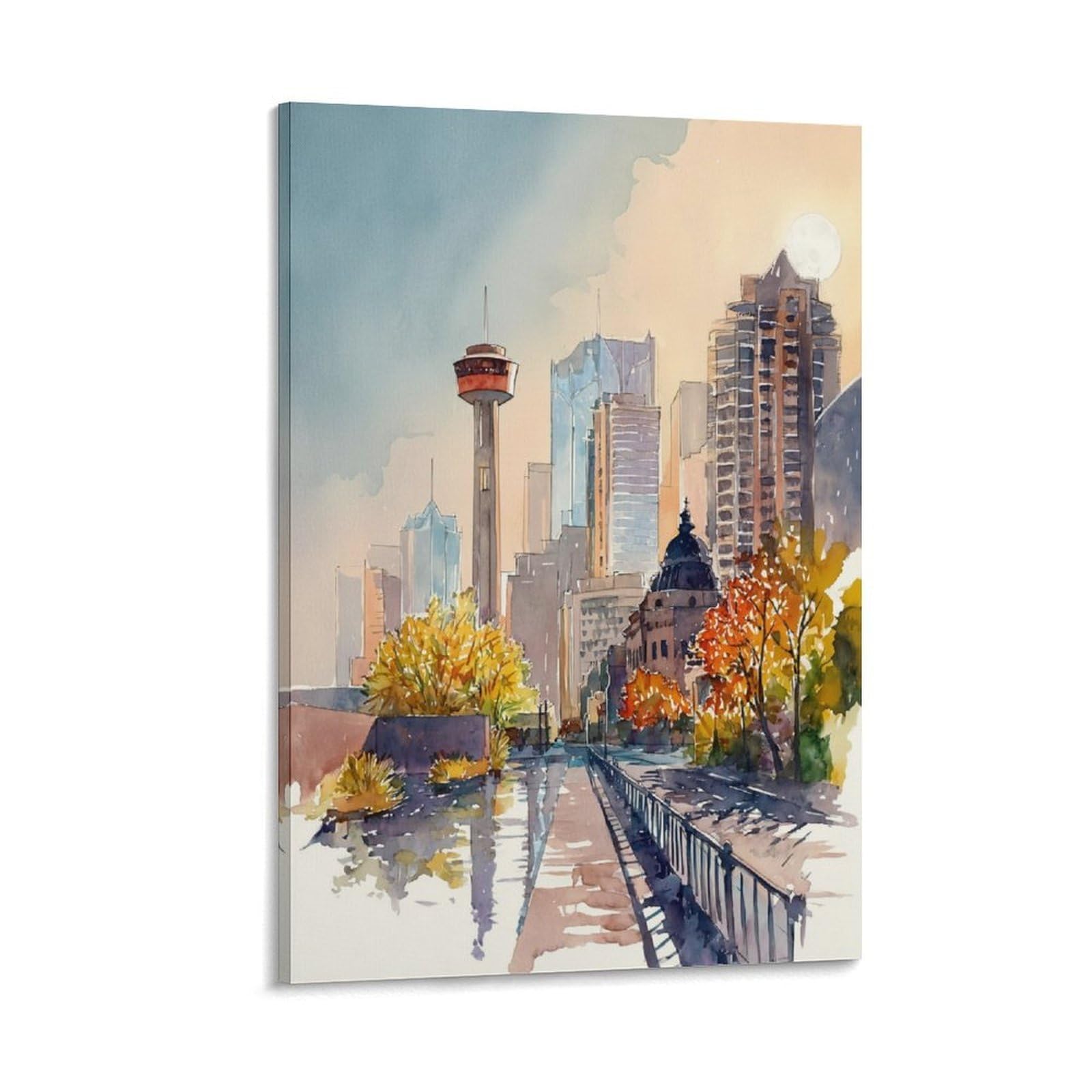 XWYMXZ Dallas Watercolor Painting Texas Cityscape Poster 24x36inch(60x90cm) Vintage Watercolor Canvas Art