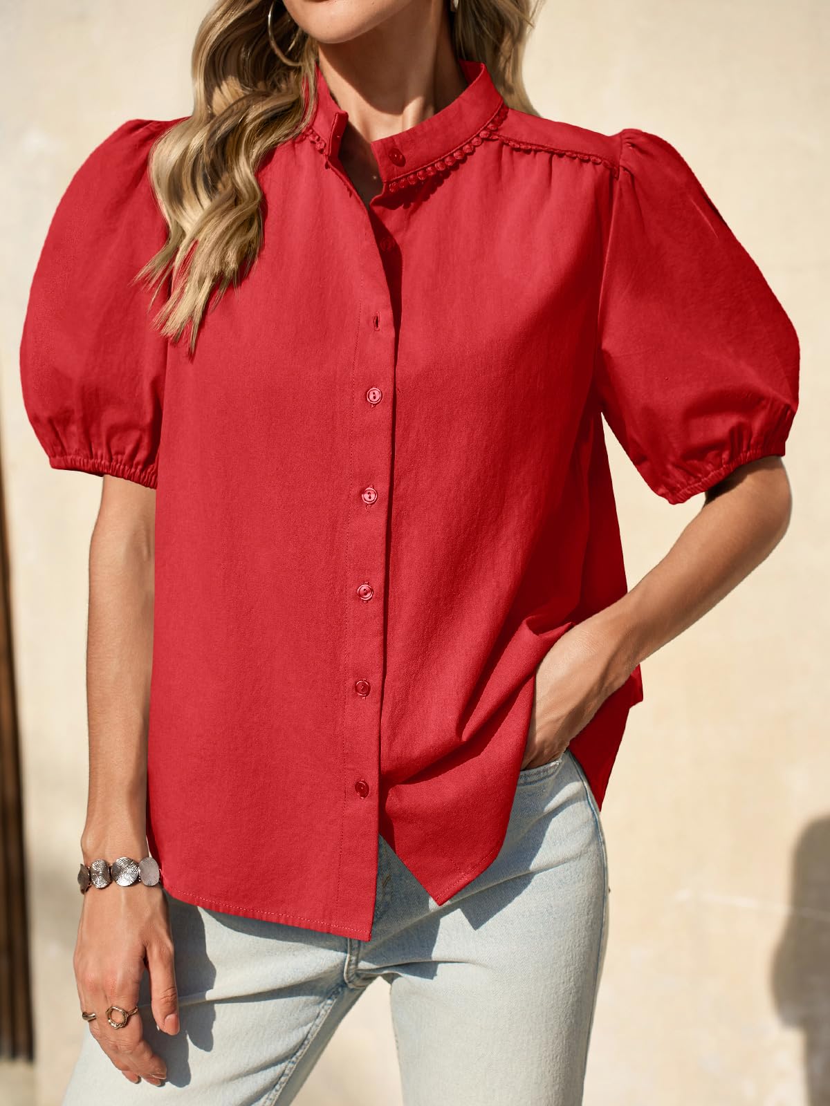 Tankaneo Camicette da donna con maniche a sbuffo e bottoni, in cotone, plissettate, vestibilità larga, estive, eleganti e casual