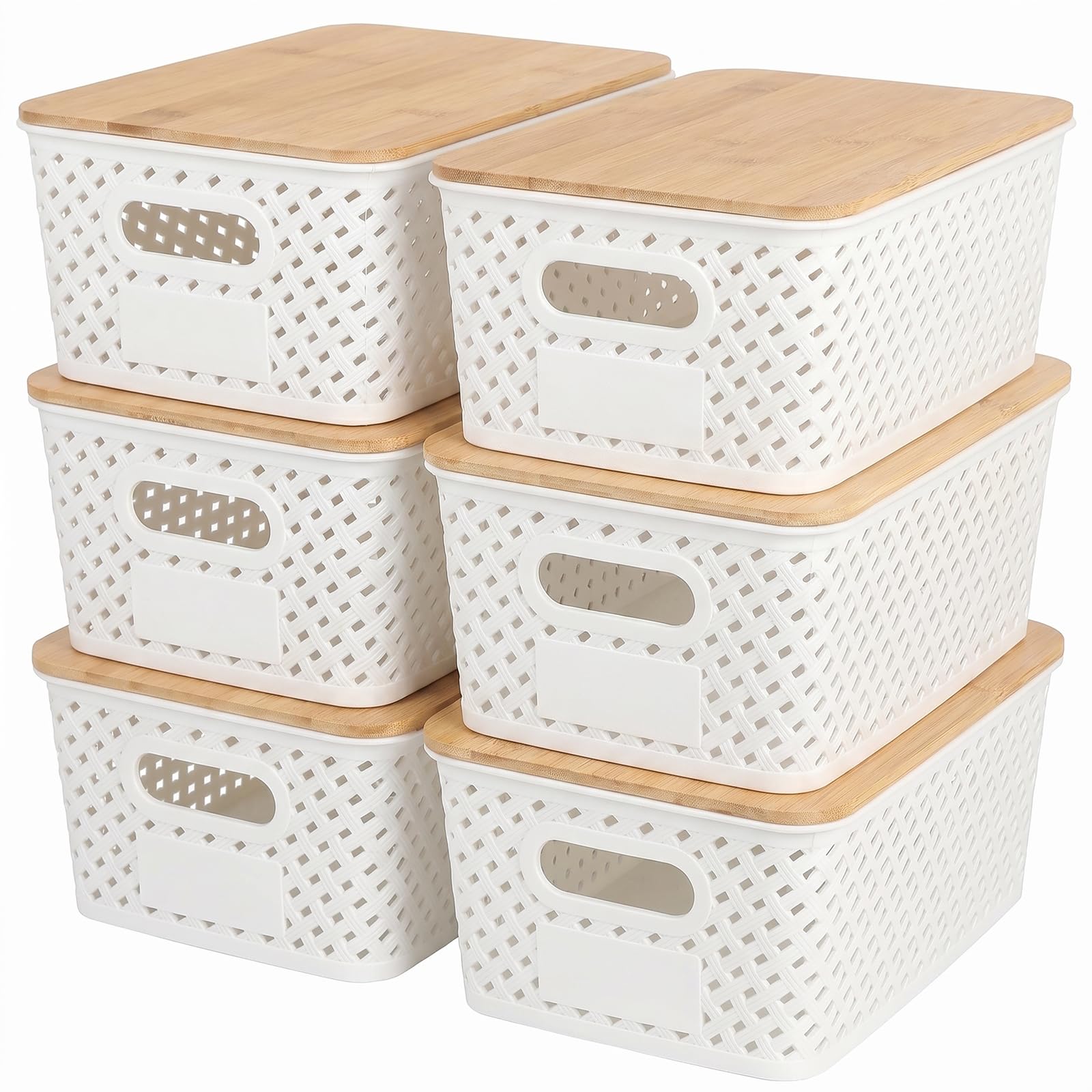 Nymblis 6Pcs Storage baskets with Lids, Stackable Storage Box with Bamboo Lid, Plastic Lidded Storage Bins with stickers for Bathroom Kitchen Cabinets Organization (White)