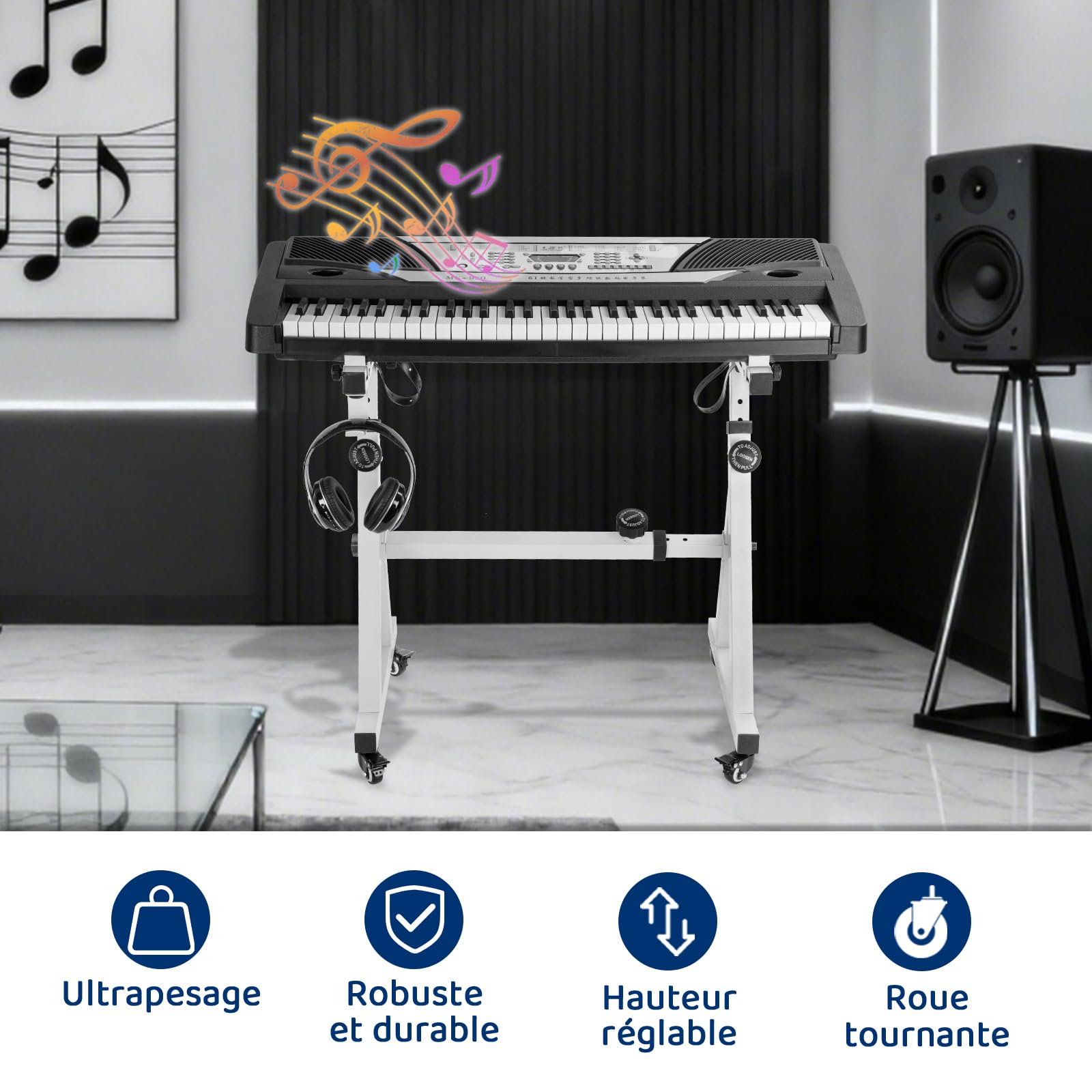 Soporte de teclado Piano Ajustable en Altura 55 a 87 cm, Soporte de Piano en Z con 4 ruedas giratorias, adecuado para Pianos de 54 a 88 Teclas, Capacidad de carga 160 KG (blanco)