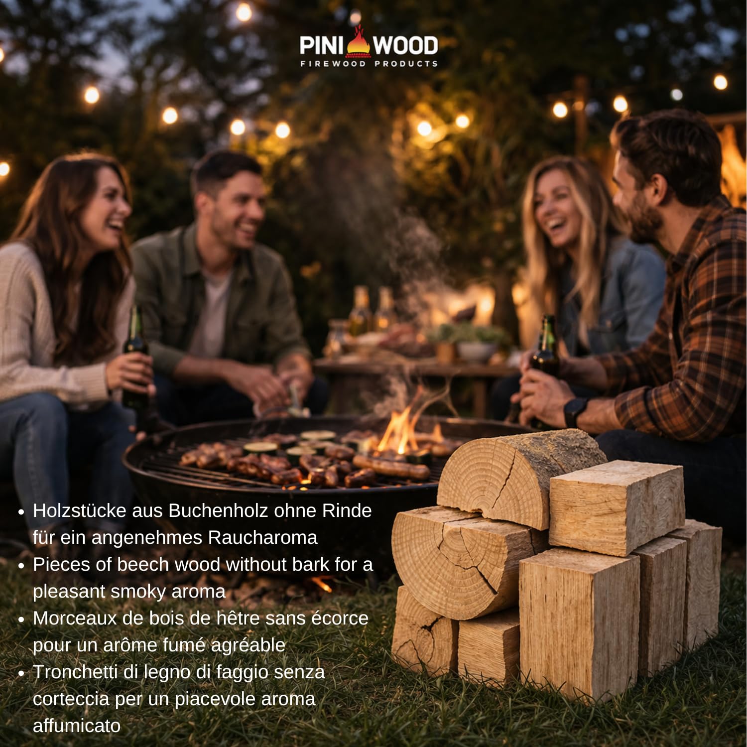 PINI Räucherholz Smokerholz Grillholz BBQ-Holz Wood Chunks Buchenholz OHNE RINDE 15 kg für Smoker Grill