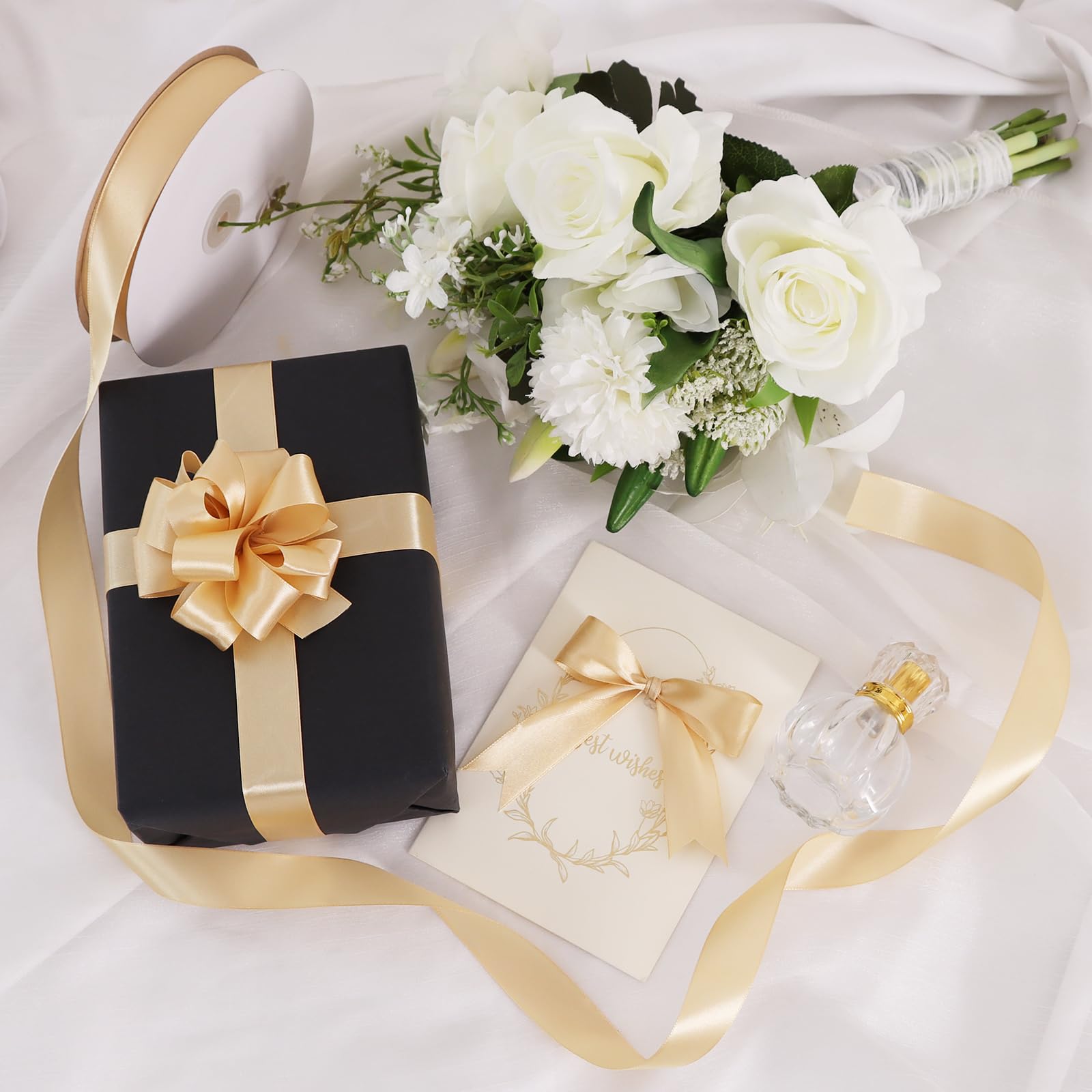 TONIFUL Ruban Satin 2,5 Cm X 91m Or Large Ruban De Satin Pour Cadeaux, Bouquets, Travaux Manuels, Couture, Décorations De Fête De Mariage, L' Artisanat De Décoration