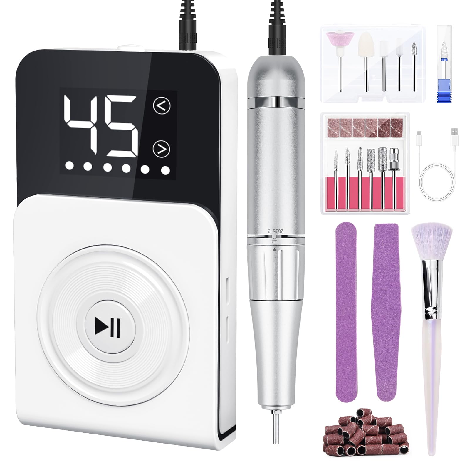 Torno para Uñas,Torno para Uñas Profesional 45000 RPM 12 en 1 Taladro de Manicura Portátil 3000 mAh con Pantalla LCD,Lima Electrica Uñas,para Uñas Acrílicas y de gel (Blanco)