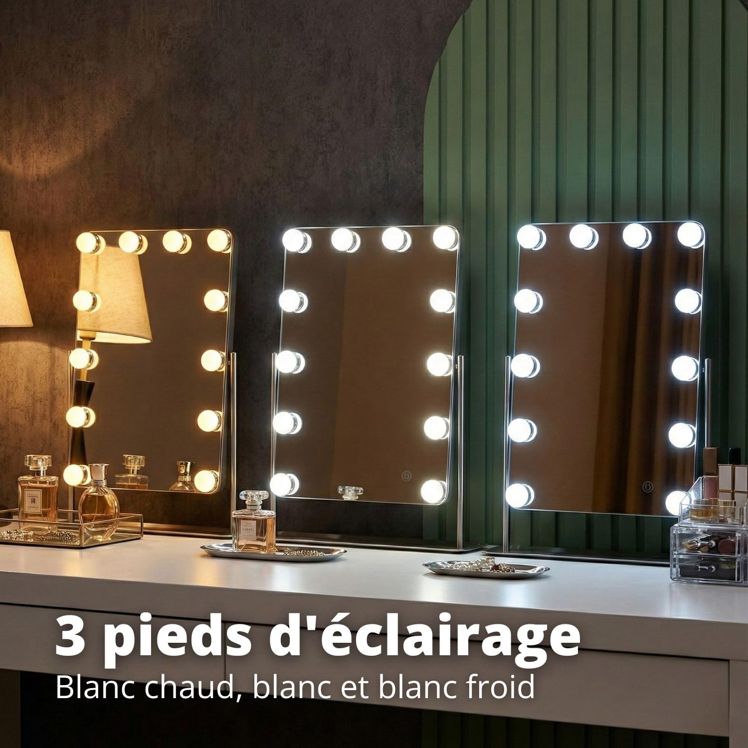 FLINQ Hollywood Miroir avec éclairage - Miroir de Table Rotatif à 360° pour Coiffeuse - Miroir cosmétique avec 3 Modes d'éclairage - 12 LED à intensité Variable - Miroir de Maquillage 38 x 46,2 cm