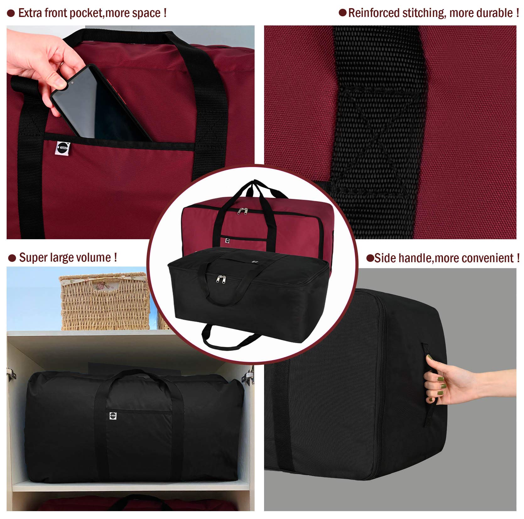 100L Large capacity Storage Bag,Sturdy 500D shiny material super strong,Ideal for bedding,Pillows,Duvets,Clothes or moving home use (Black, 32inch)