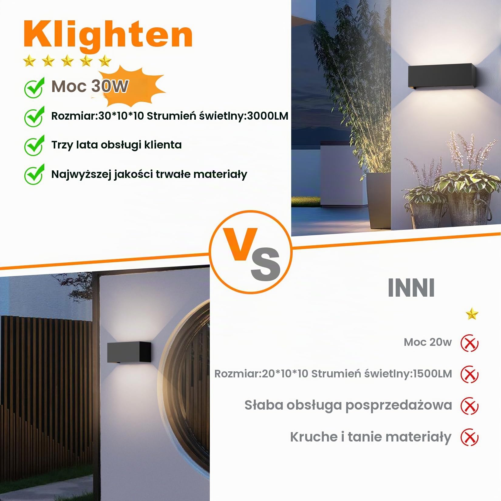 Klighten 30W Zewnętrzna lampa ścienna czarna, Zewnętrzna lampa zewnętrzna ścienna UP Down, IP65, Kinkiety wewnętrzne/zewnętrzne z regulowanym kątem wiązki, do salonu