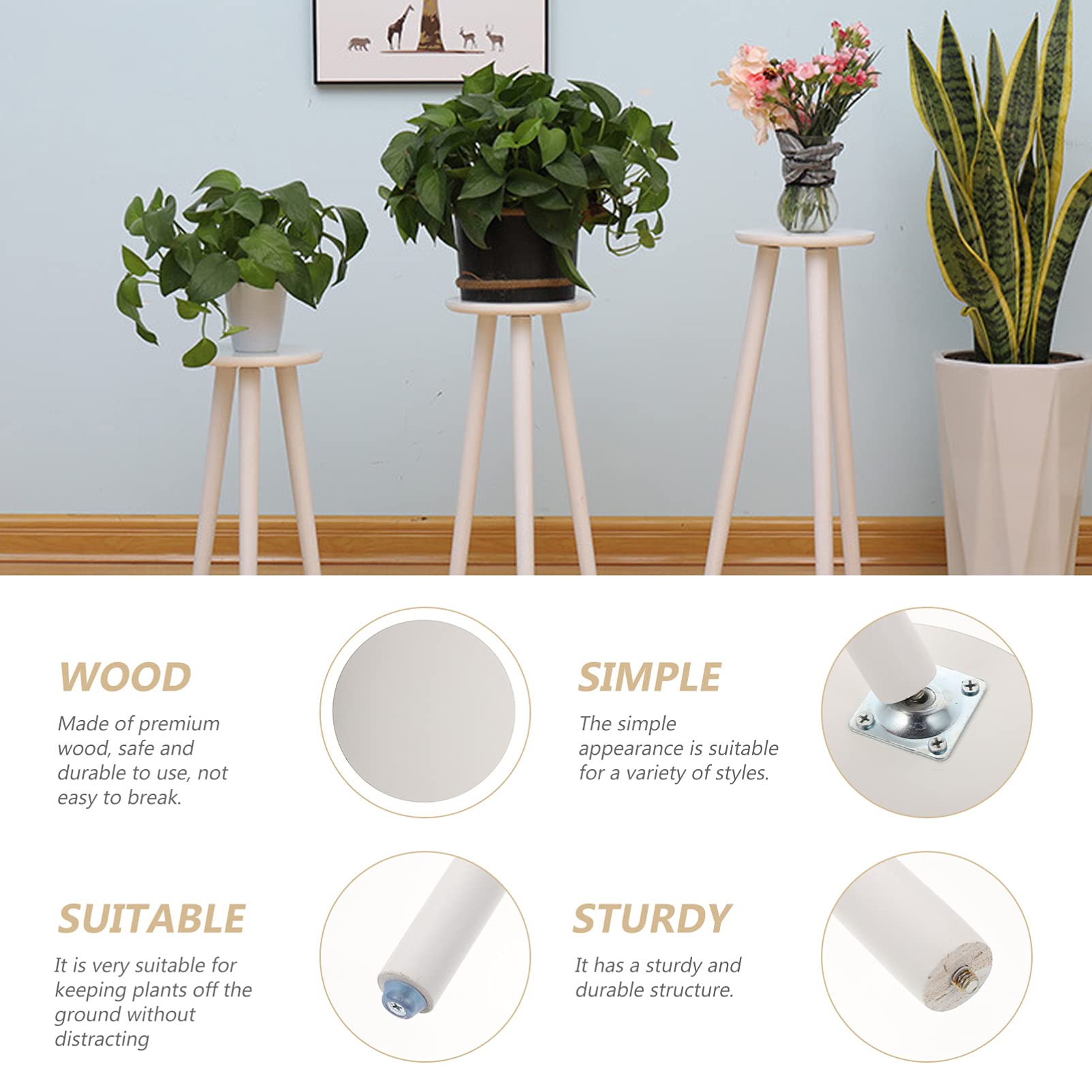 YARNOW Tall Wooden Plant Stand, Round Plant Stand, White Legs, 20cm Diameter, 42cm Height - Image 4