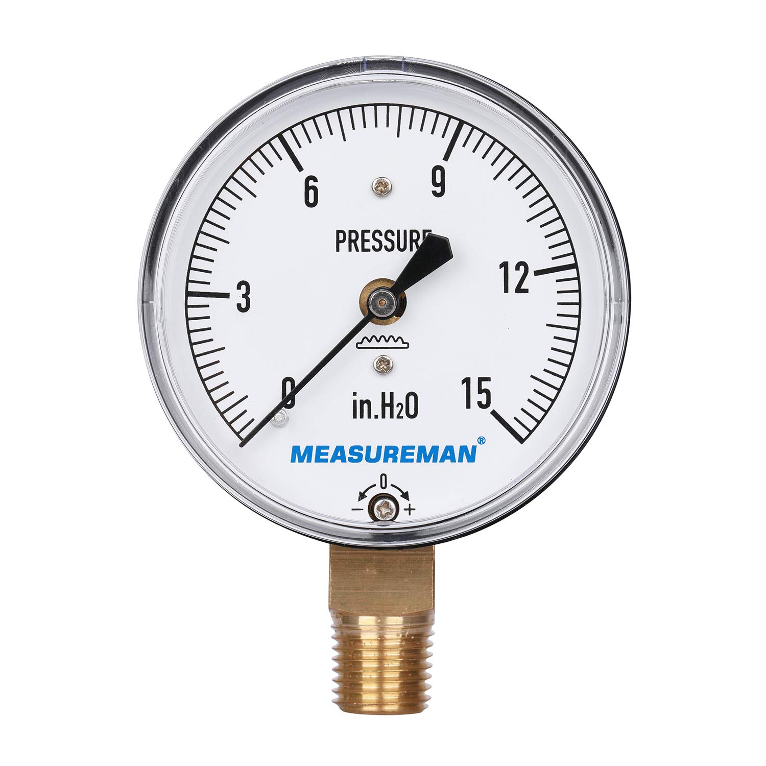 MEASUREMAN Diaphragm Type Capsule Low Pressure Gauge, 2-1/2" Dial, 1/4" NPT Lower Mount, Adjustable, 0-15 in H2O(Inches of Water)