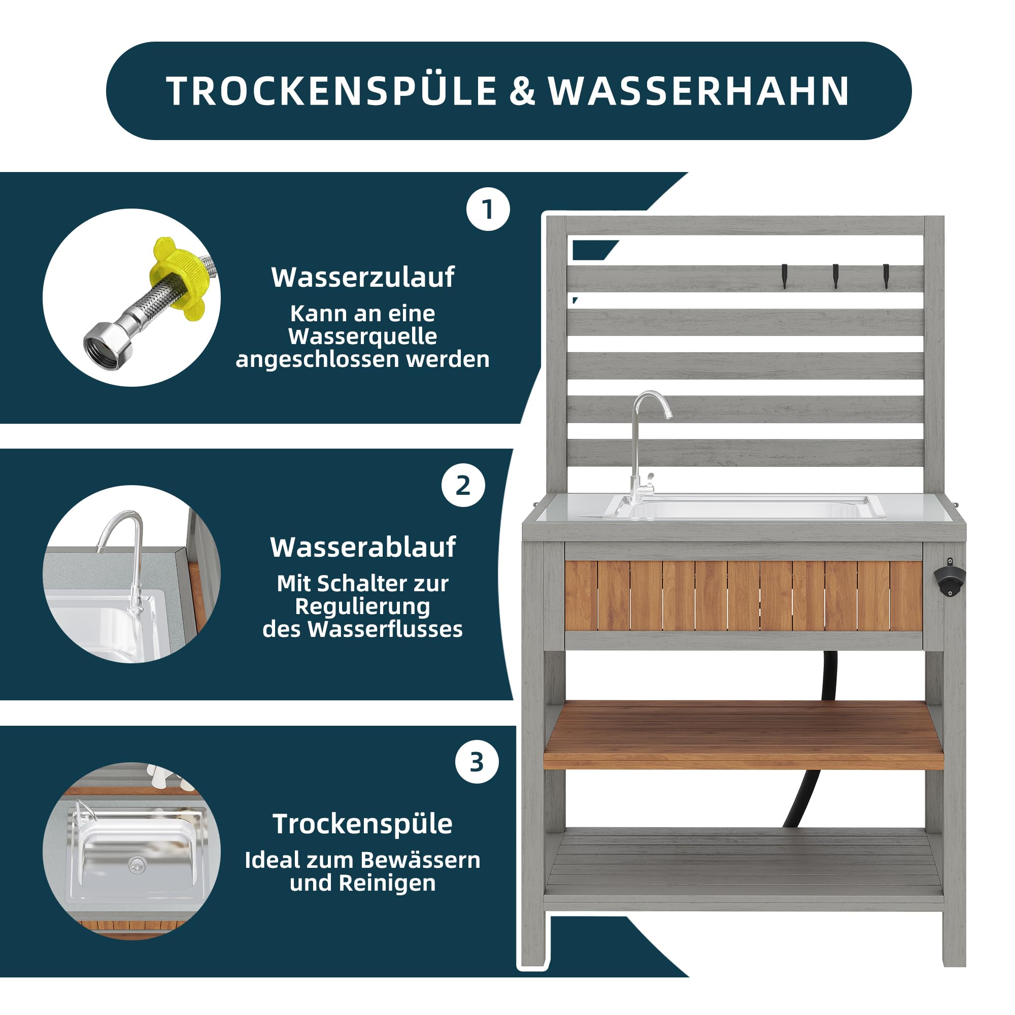 Gartenschrank mit Wasserbecken & Wasserhahn integriertem Flaschenöffner – wetterfester Geräteschrank mit großer Arbeitsfläche & Schublade, Grillstation mit verstellbaren Regalen