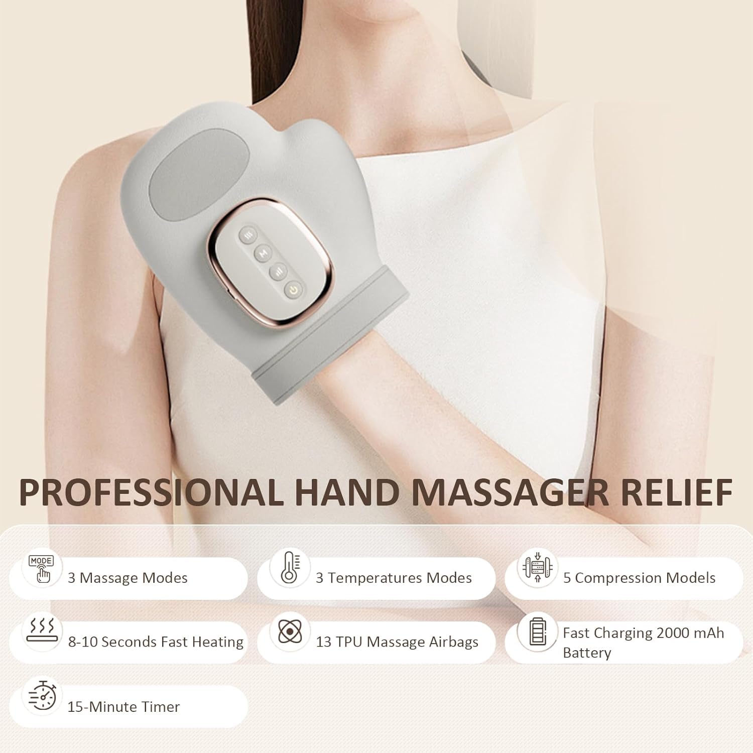 Masajeador de manos con alivio de calor y compresión, masajeador de mano recargable eléctrico con 3 masajes, 5 niveles de presión, guante de terapia para artritis y túnel carpiano