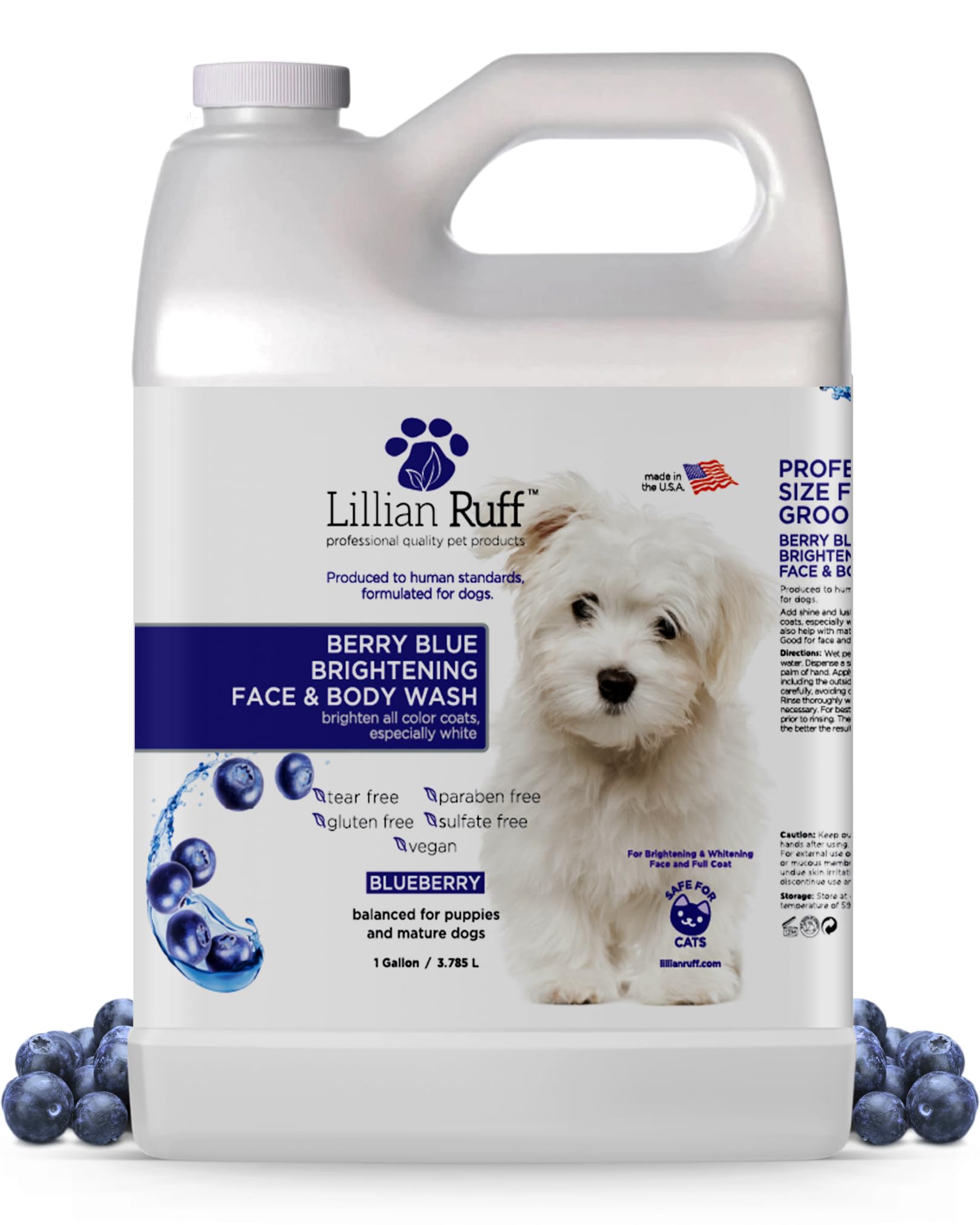 Lillian Ruff Berry Blue Brightening Face and Body Wash for Dogs and Cats - Tear Free Blueberry Shampoo - Remove Tear Stains, Hydrate Dry Itchy Skin, Add Shine & Luster to Coats - Made in USA (Gallon)