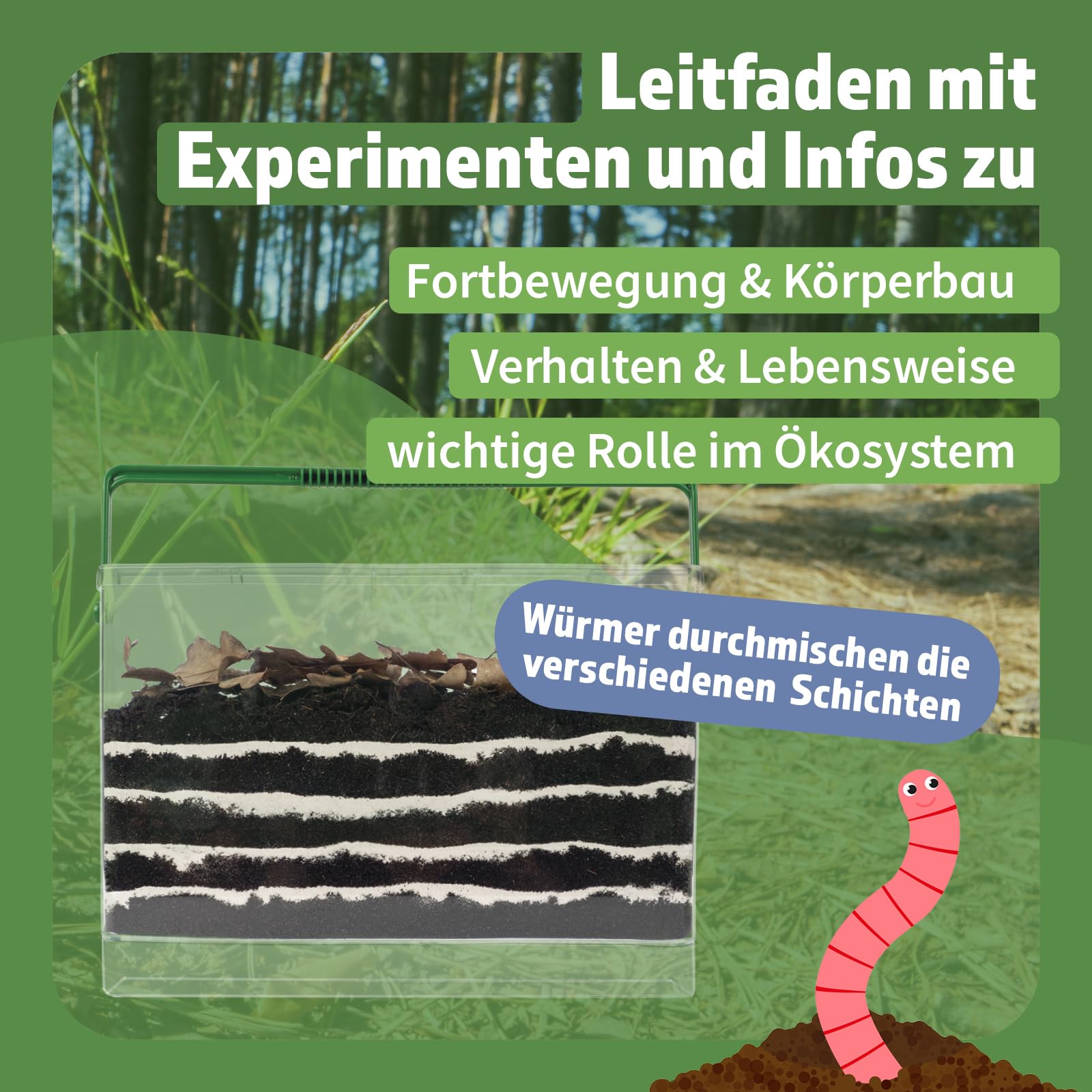 Regenwurm-Beobachtungsset, 8-teilig | Naturentdecker-Set mit Kunstglas-Behälter, Verdunklung, Granulat & Lernmaterial | Ökosystem Regenwürmer entdecken| Lernset für Kinder | Beobachtungsbox