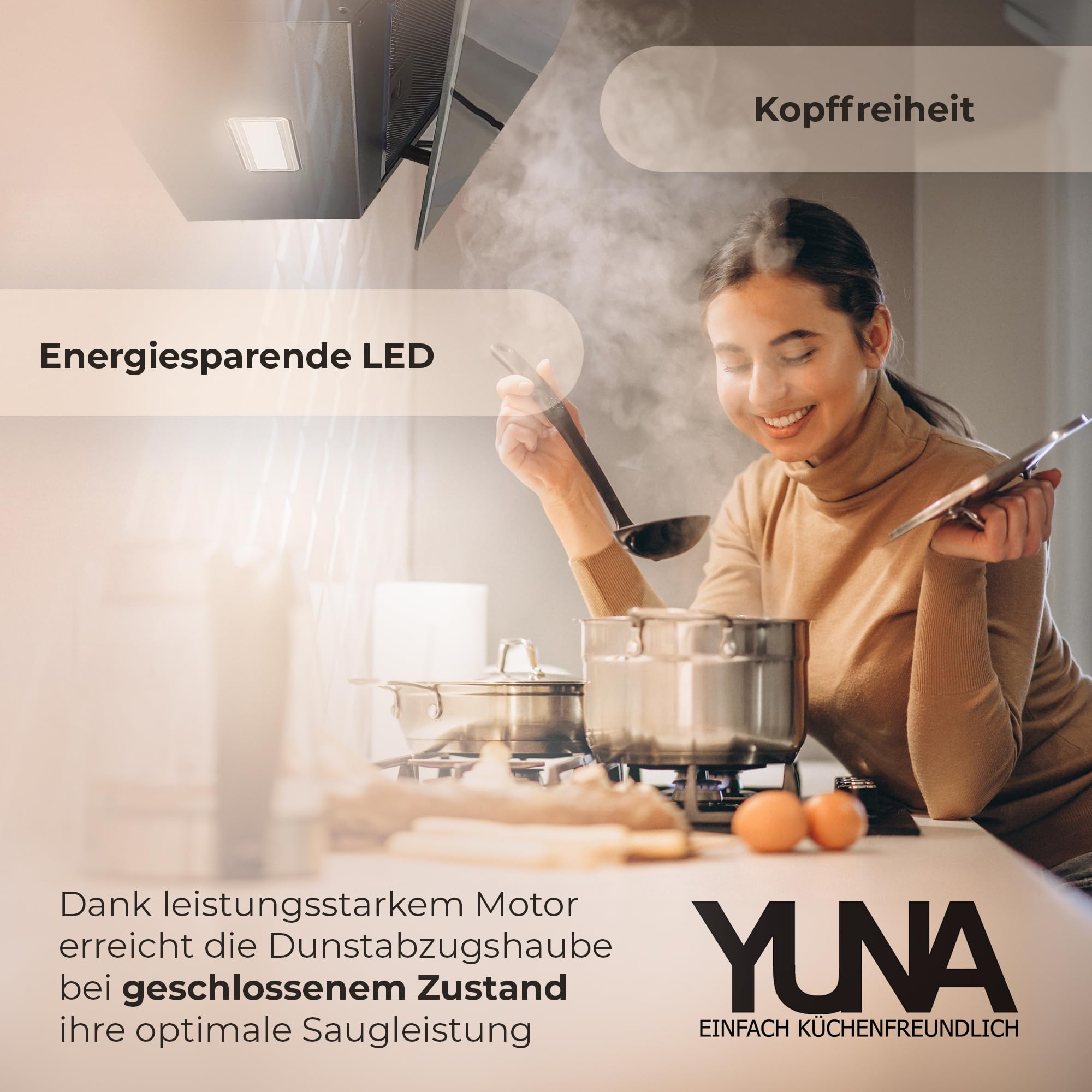 YUNA Dunstabzugshaube DUNJA 60 cm Schwarz Glasfront 3 Leistungsstufen 47W Motorleistung Energieeffizienz A Abluft Umluft Kopffrei LED Beleuchtung Ohne Kohlefilter Wandhaube