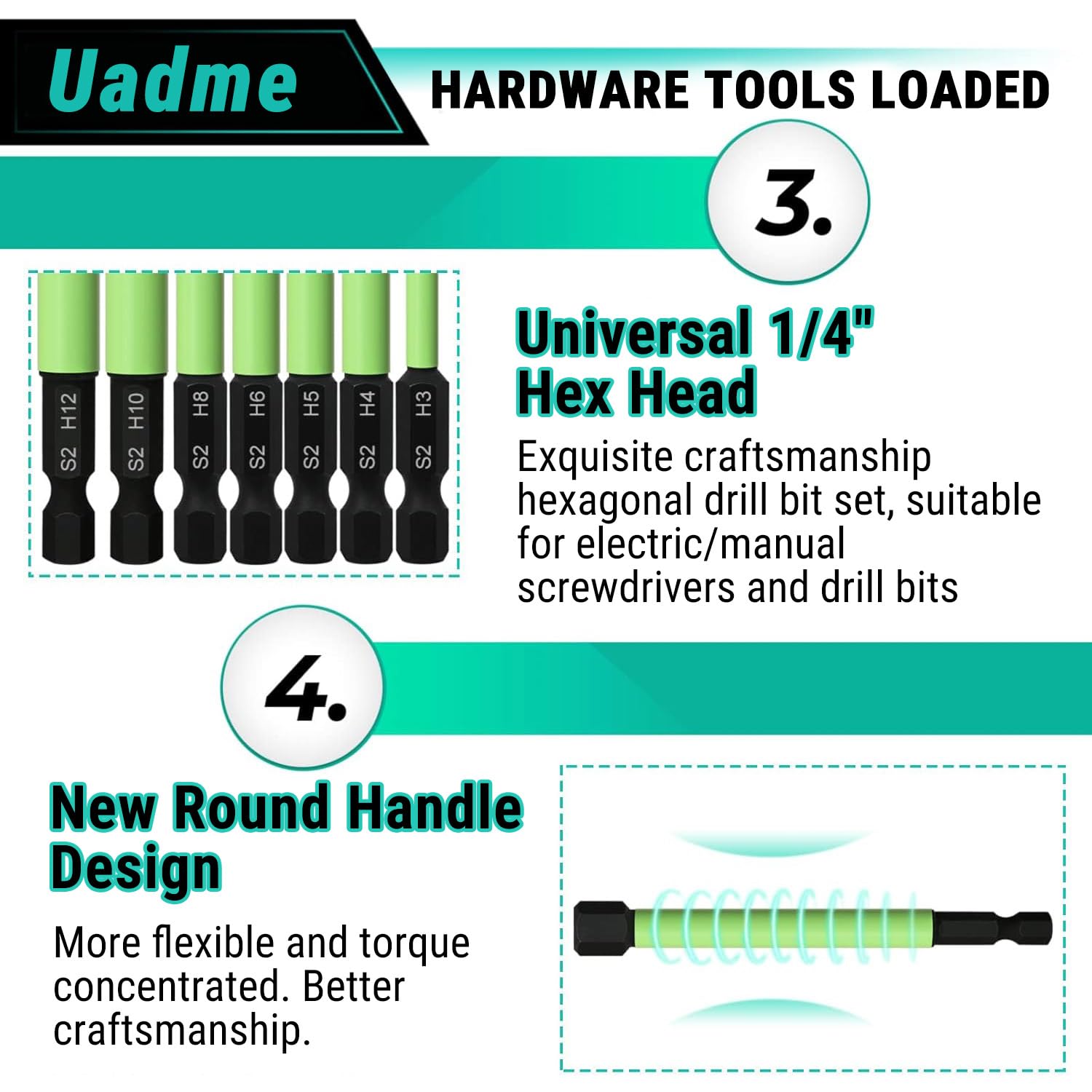 Uadme 10Pcs Allen Key Drill Bit Set H1.5-H12, 100mm Long Magnetic Hex Bit Set including 1/4 Inch Hex Shank S2 - Image 4