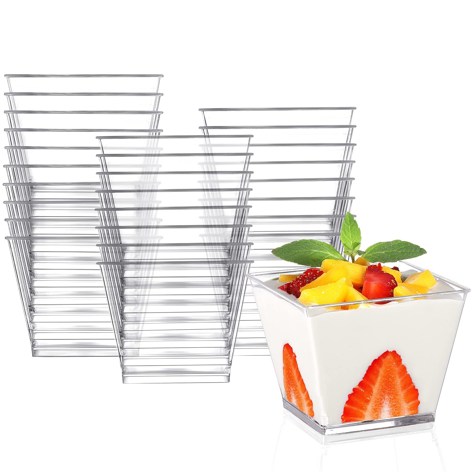 MAKINGTEC Plastic Dessert Cups with Lids and Spoons, 50 Pack Small Square Clear Plastic Dessert Tumbler Cups for Desserts Appetizers Puddings Ice Cream Yogurt Candies Mousse 3.8 Oz