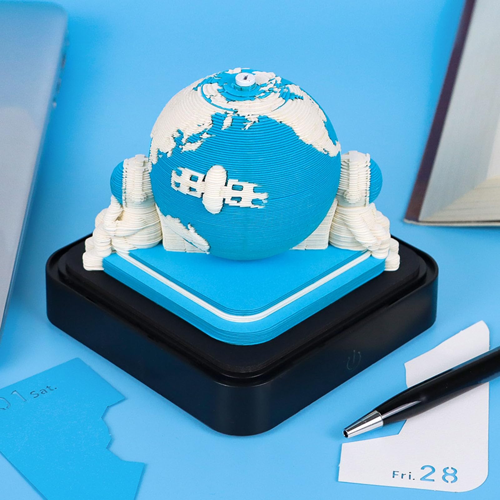 Asixxsix 3D Time Piece Kalender 2026, Tear Away 3D Earth Memo Pad Schreibtischkalender mit LED-Licht, Kreativer Papierskulptur-Kunst-Notizblock für Weihnachtsgeschenke Im Home Office