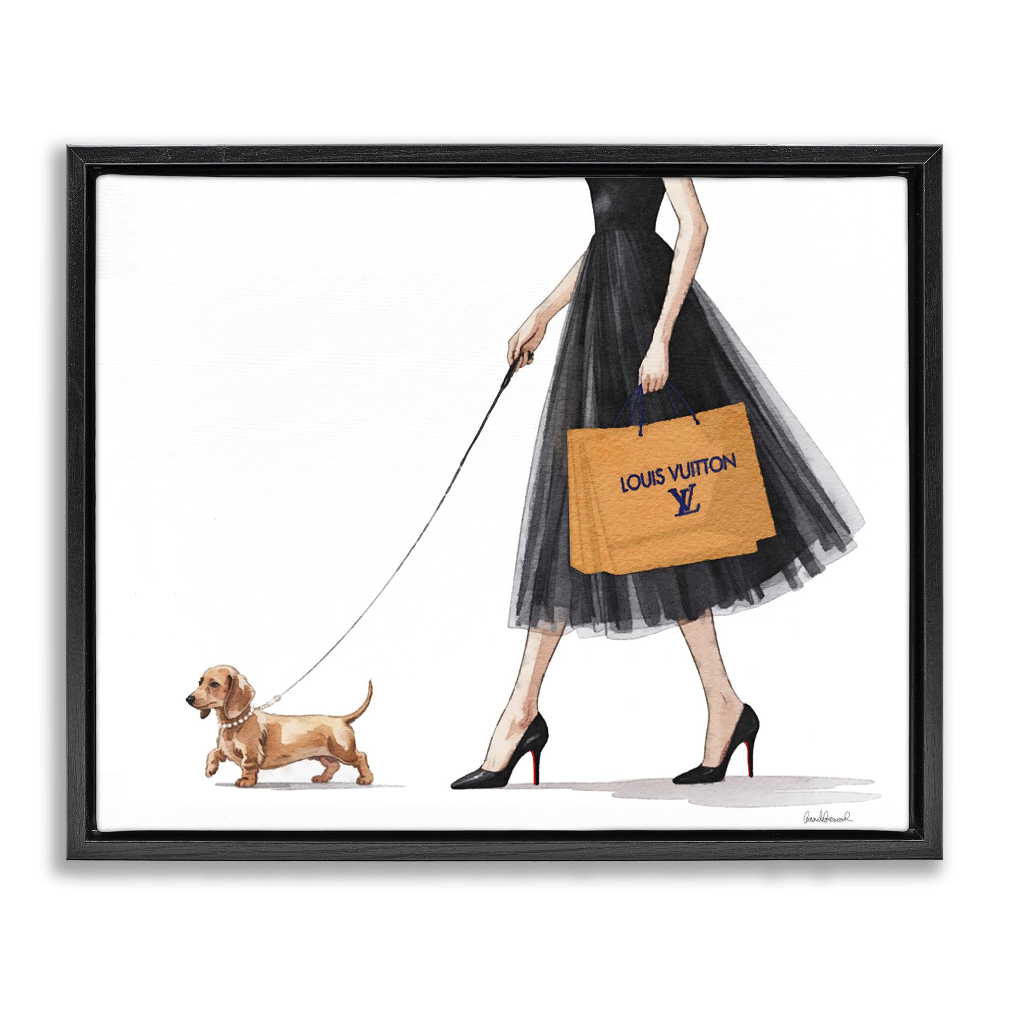Stupell Industries 'Fashionable Dog Walking', Floating Frame Canvas Art, Black, 21 x 17 Inches, Easy to Hang and Sturdy, Made in USA, by Amanda Greenwood