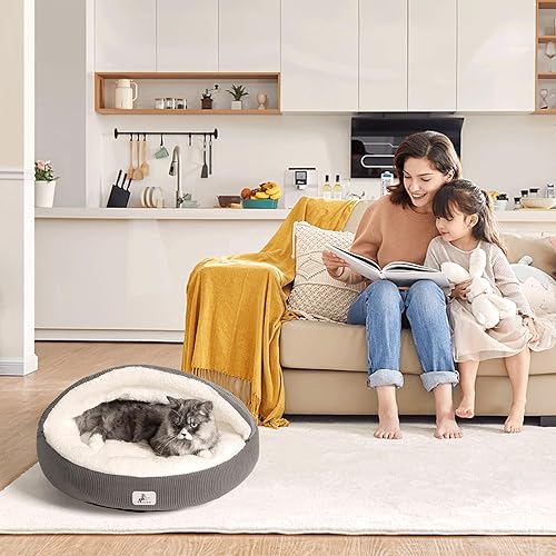 Miniatura 8 de Cueva cubierta de 23 pulgadas para gatos de interior y perros pequeños, cama acogedora cerrada para mascotas con techo con capucha para mayor