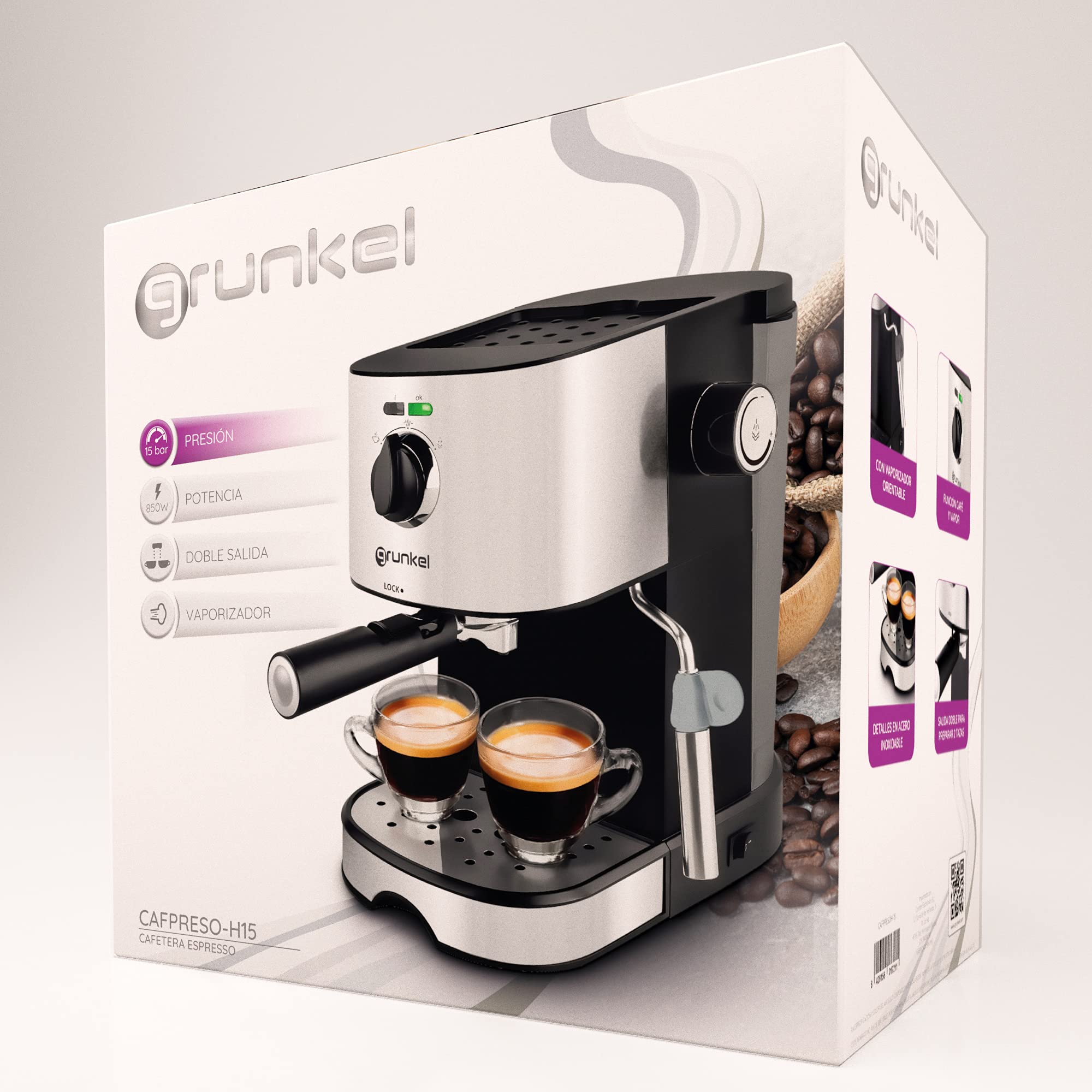 Grunkel - Cafetera Espresso de 15 bares presión - CAFPRESO H15 - y Vaporizador orientable y Filtro Doble Salida en acero inoxidable. Bandeja antigoteo y protección Sobrecalentamiento. 1L 850W
