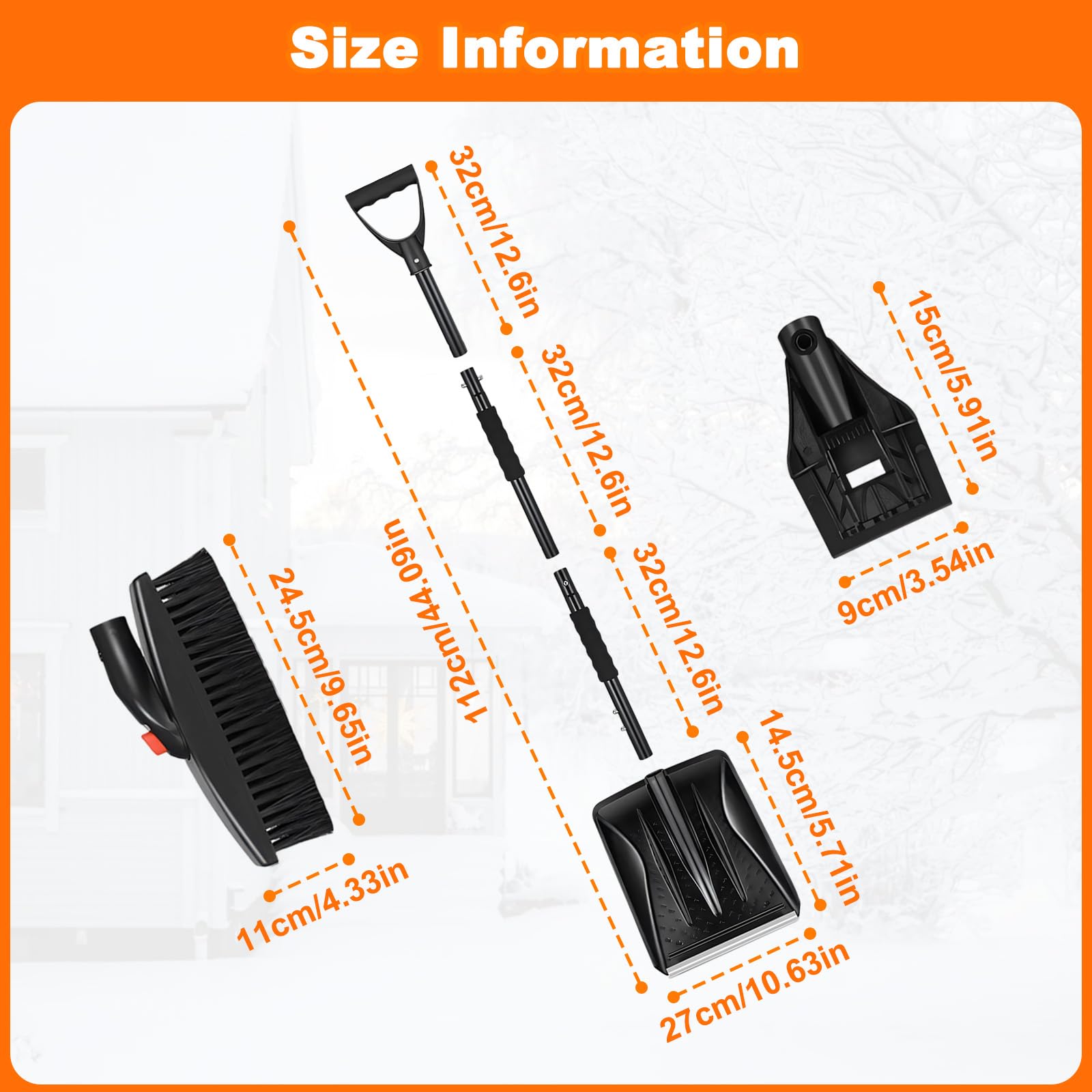 Pala da Neve Portatile, 112 Cm Staccabile Kit 3 In 1 Pala da Neve Retrattile Con Raschietto per Ghiaccio e Spazzola da Neve per Ghiaccio, Neve, Graniglia per Vialetto Auto