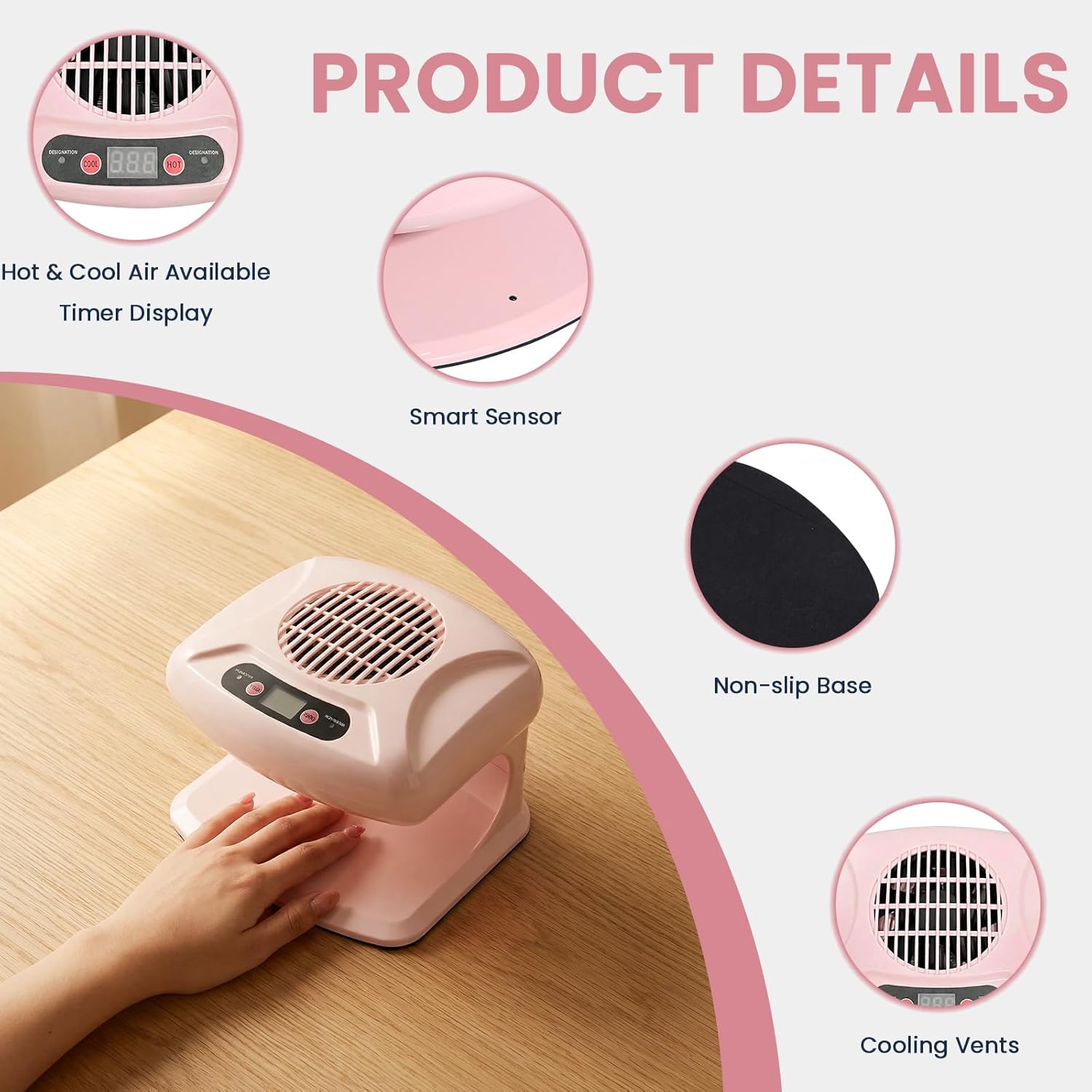 Nail Dryer for Regular Polish, 300W Nail Drying Fan with Sensor and Hot and Cool Air for Home Use (Pink)
