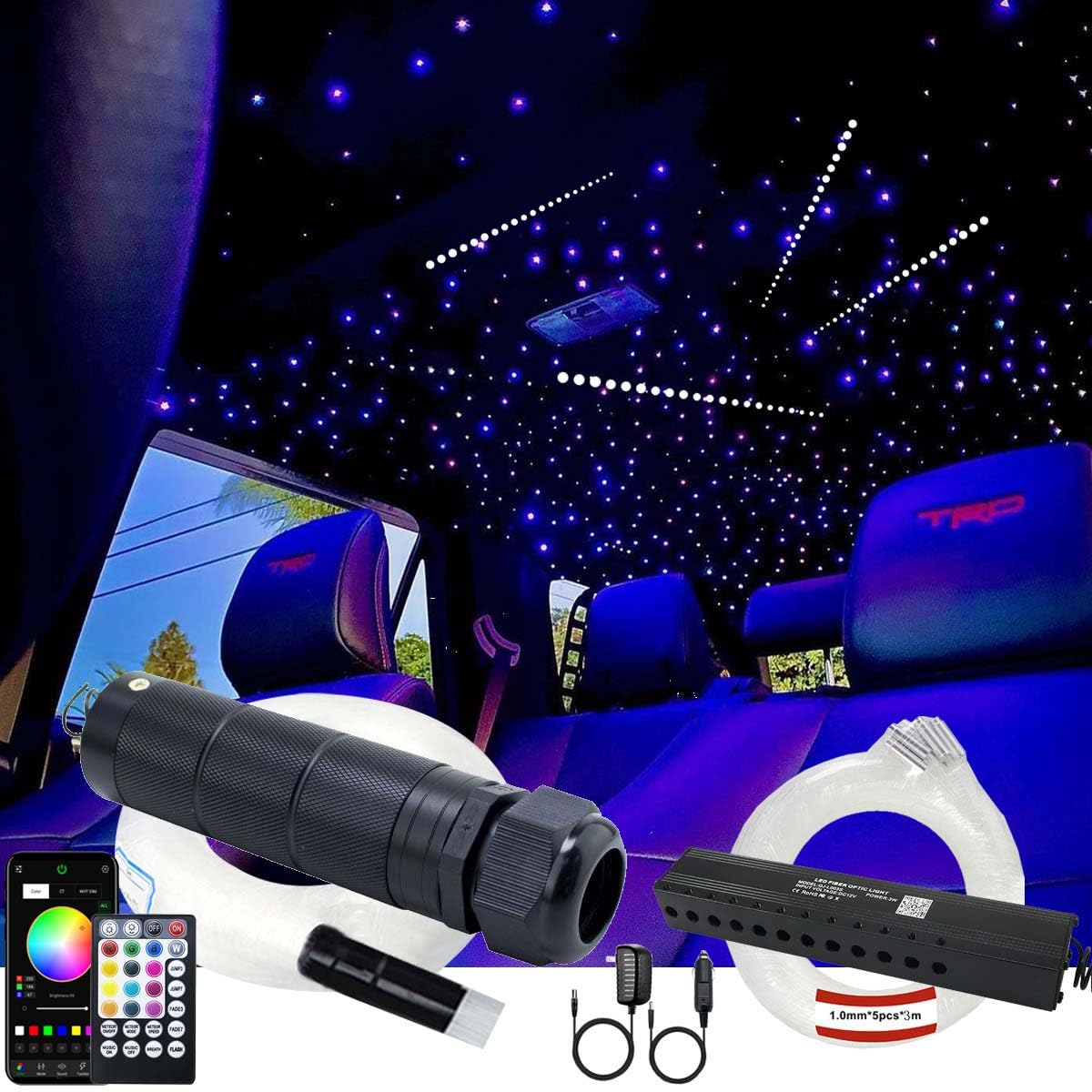 Photo 1 of AZIMOM 6W RGBW 550pcs 0.03in 13.1ft Fiber Optic Starlight Headliner Kits with Meteor Shooting Star Fiber Strands Sound Activated Bluetooth/APP Remote Control Starlight