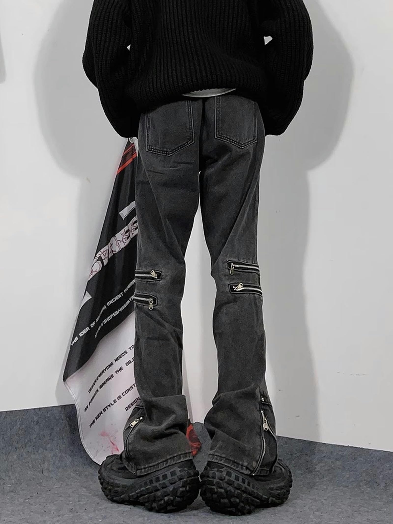 High Street Zipper Jeans Pantaloni Svasati Larghi da Uomo - Nero - L