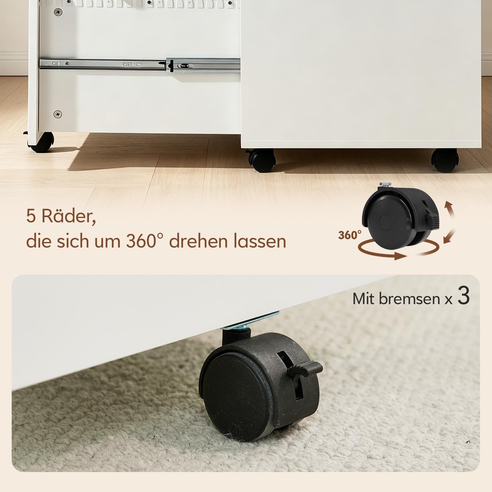 TUKAILAI Rollcontainer abschließbar, Weiß, 40cm | 3 Schubladen, Mobiler Aktenschrank Holz, Auf Rollen und Haken, Für Akten Dokumente, Unterschrank Schreibtisch