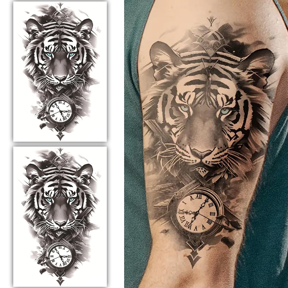 s.a.v.i 2 sheets black tiger temporary tattoos for arm - waterproof, long-lasting, realistic design - large 19x12cm - easy to apply & remove - ideal body art stickers for men & women
