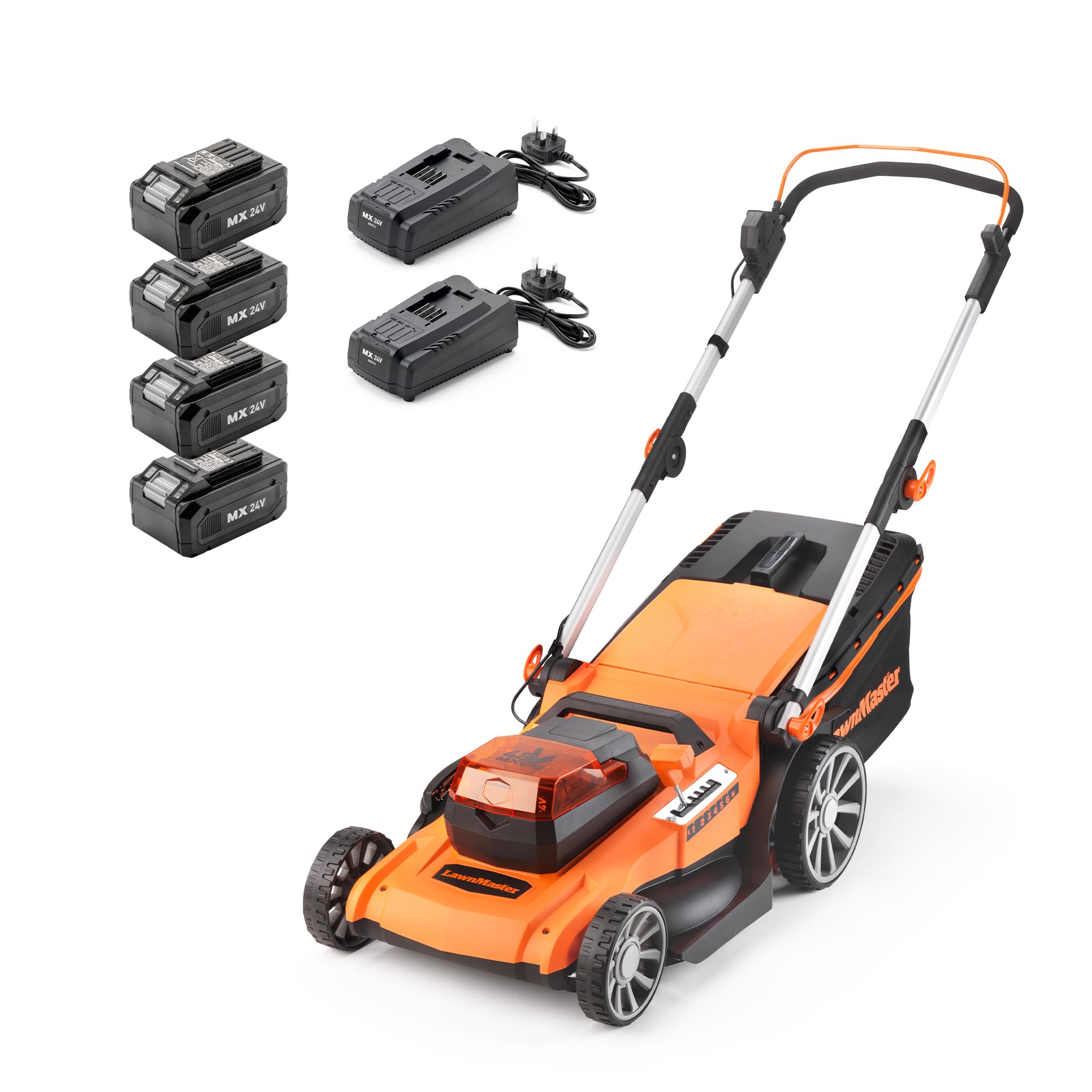 – 48V 46cm Cordless Lawnmower with Spare Set of MX 24V 4.0Ah Batteries and 2 Fast Chargers. With Rear Roller, Grass Side Eject and Mulching Function, 2 Year Guarantee. For Larger Lawns.