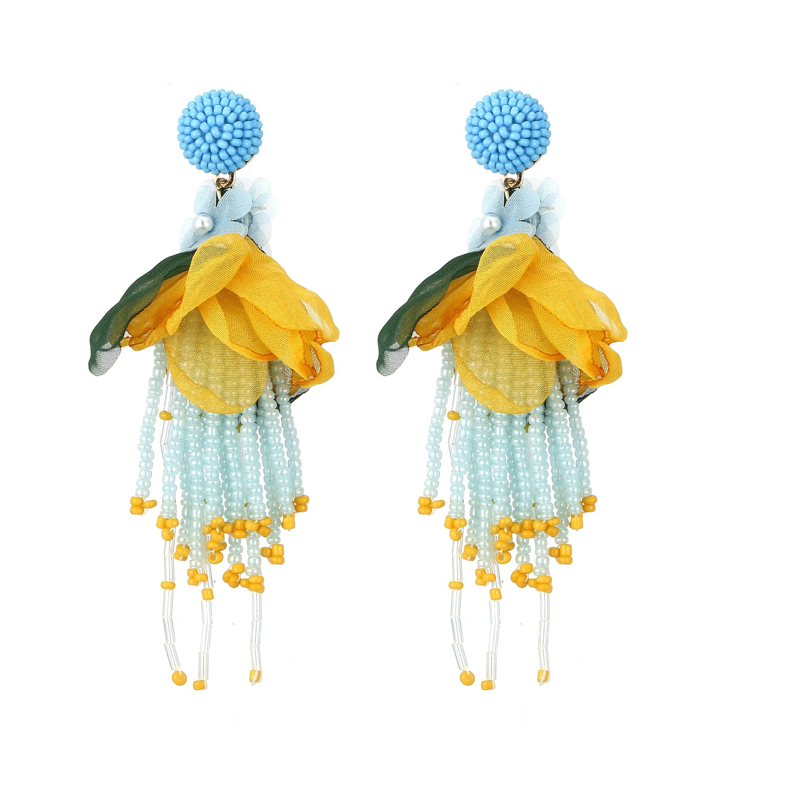 GOGNGTRBohemia Long Tassel Meter Bead Earrings for Women Hand Made Fabric Flowers Elegance Design Dangle Drop Jewelry