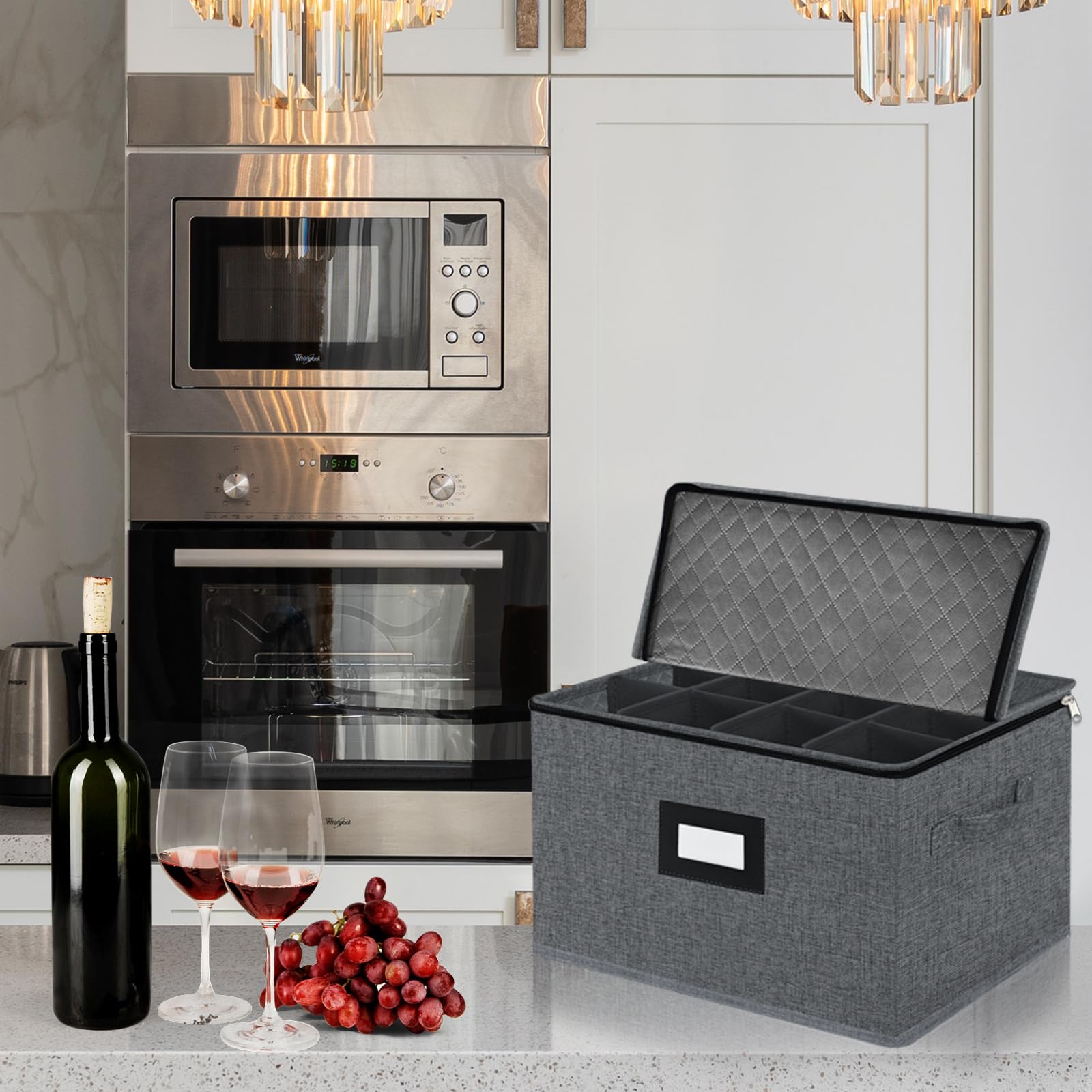 Boîtes de rangement en tissu pour verres à pied avec séparateurs, pour flûtes à champagne, verres en cristal fragiles, cuisine, placard, fête, camping, caravane (gris)