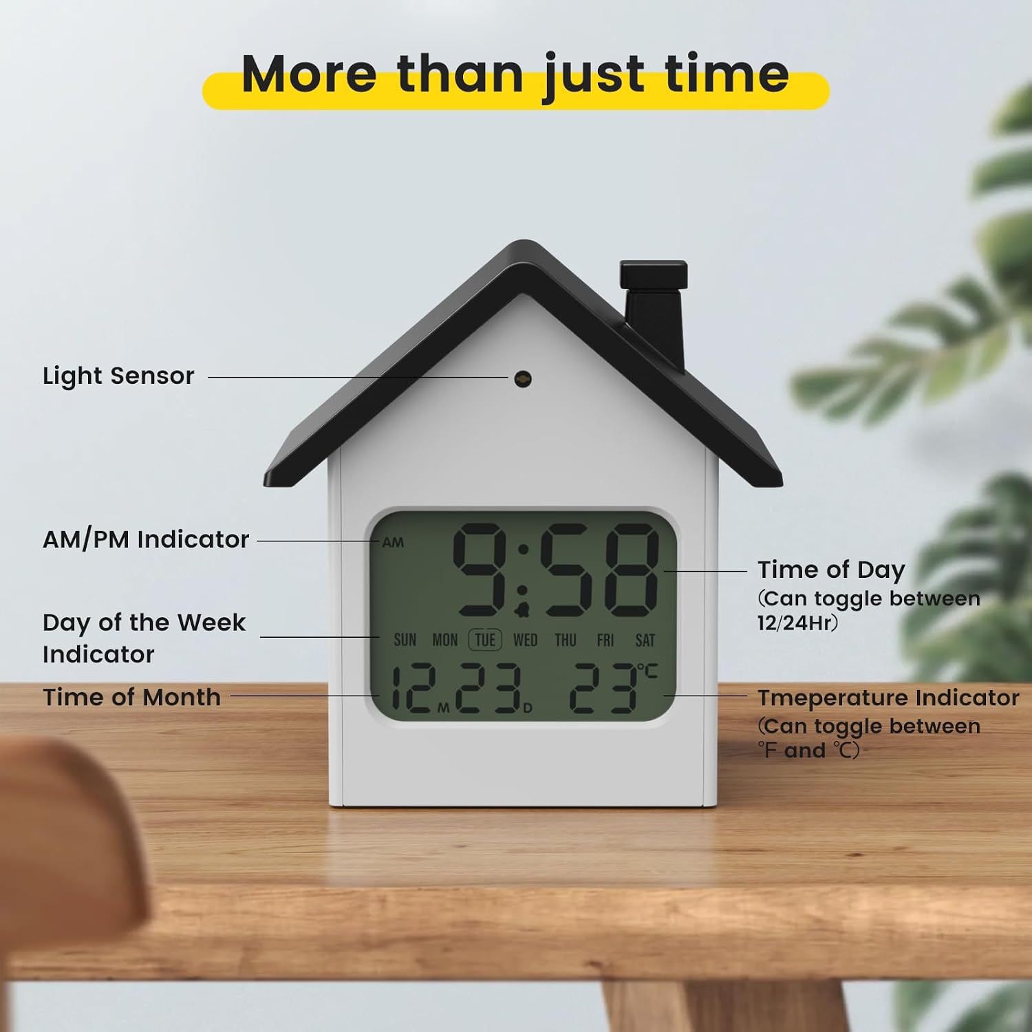 Battery Operated Digital House-Shaped Alarm Clock with Auto-Dimming,Snooze,Date,Day of Week,Temperature,Modern Aesthetic, Cute Small Desk Clock for Bedside Table, Bedroom