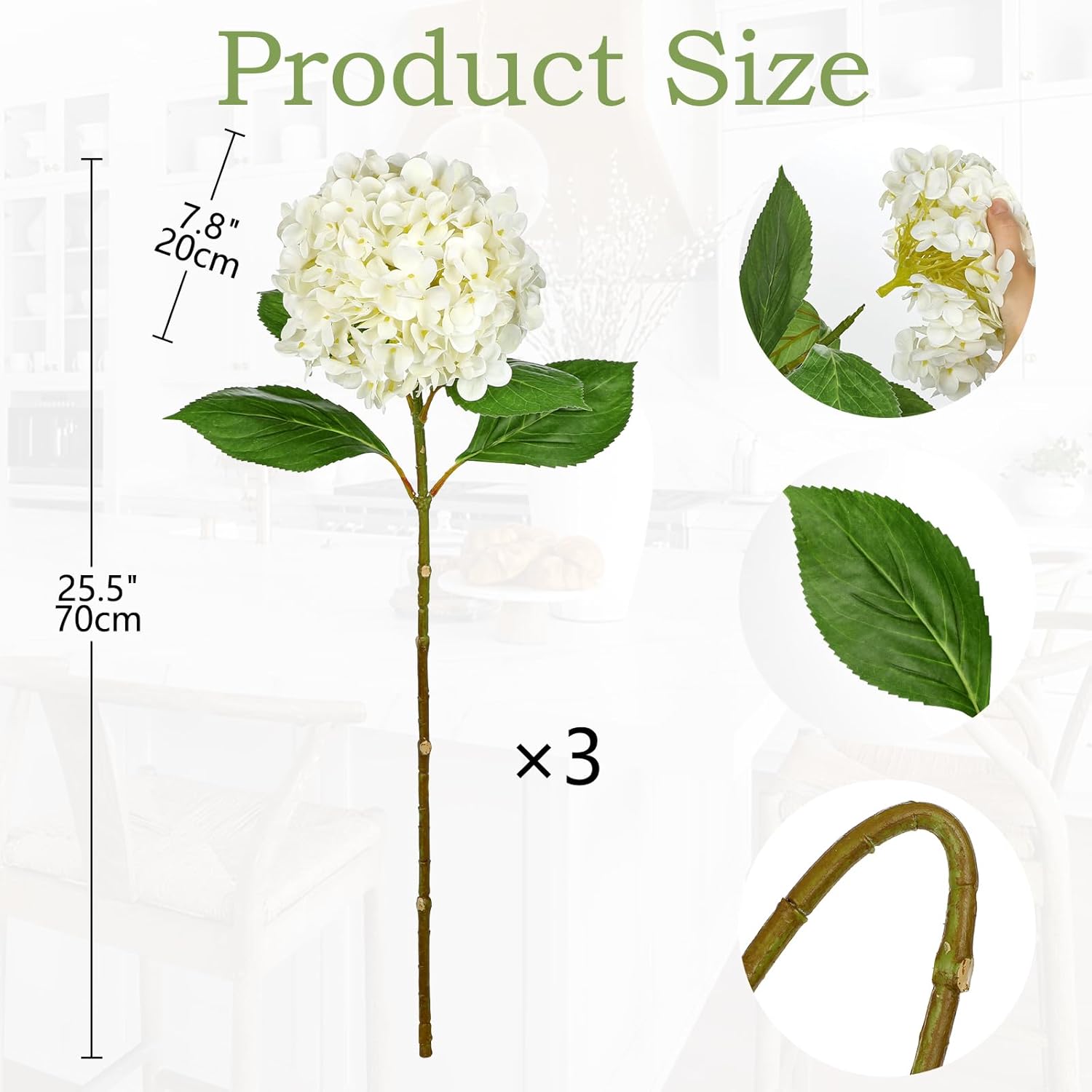 DILATATA Large Real Touch Hydrangea Artificial Flowers with Stems, 8" Full Bloom Fresh Touch Faux Hydrangea Bouquet for Vase Decor, Wedding Centerpieces, Home Table Arrangement 25.5” White Hydrangeas