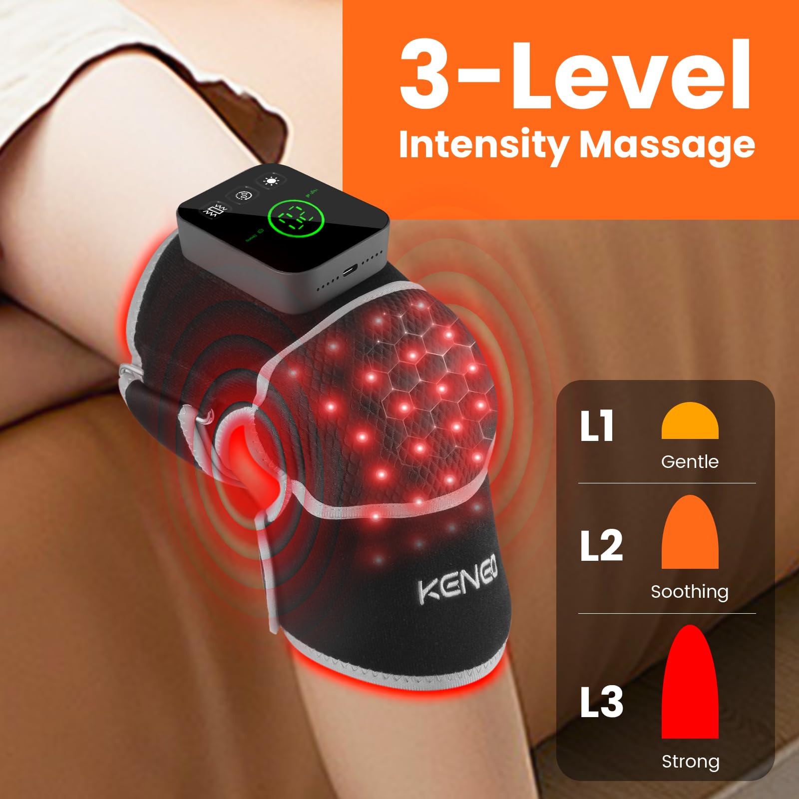 Keneo Rotlichttherapie Kniebandage mit Vibrationsmassage, 660 nm & 850 nm Infrarot-Lichttherapie zur Schmerzlinderung, 3 Wärmestufen, 3 Massagemodi, kabellos & wiederaufladbar (Grau)