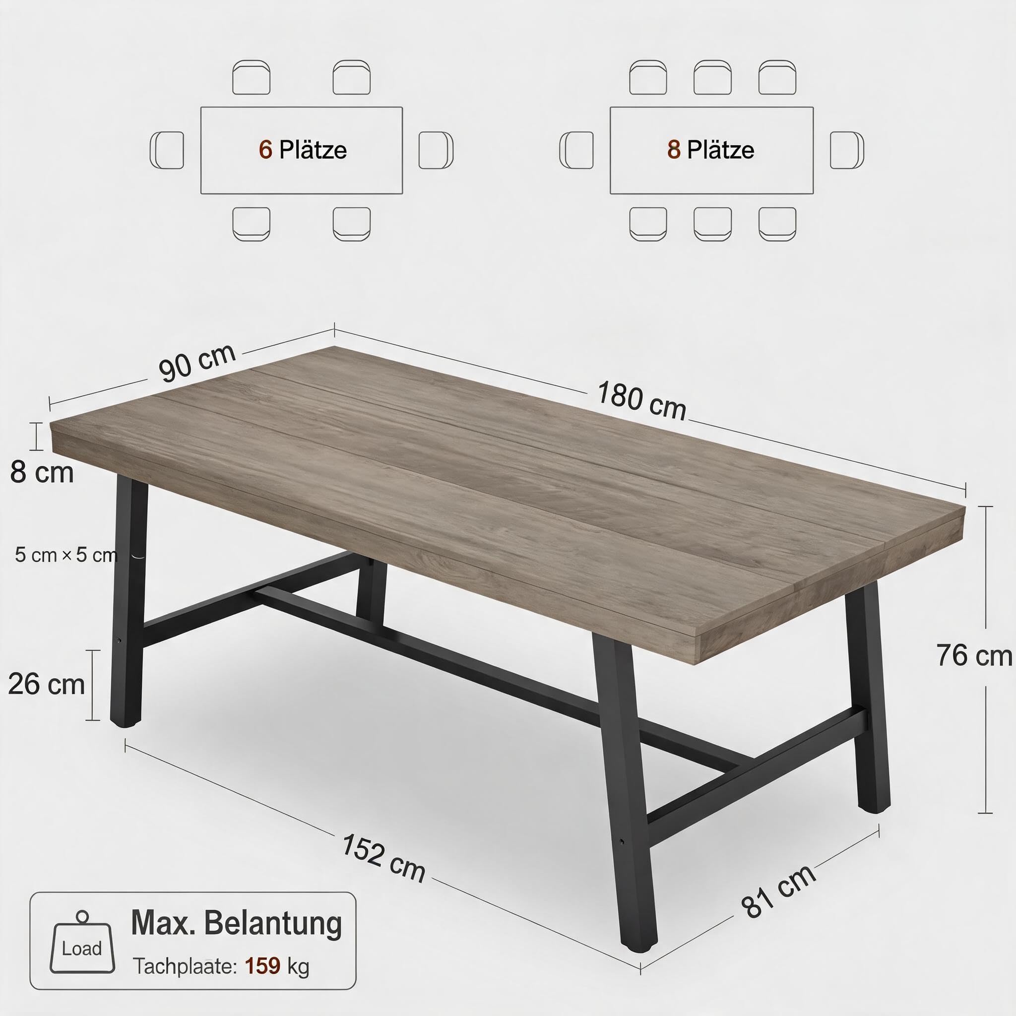 Esstisch 180x90x76 cm für 6-8 Personen Industrial Stil