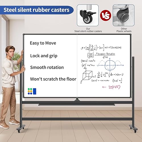 Miniatura 2 de Pizarra blanca rodante de doble cara, 72 x 48 pulgadas, pizarra blanca magnética de borrado en seco móvil sobre ruedas con marco de aluminio y
