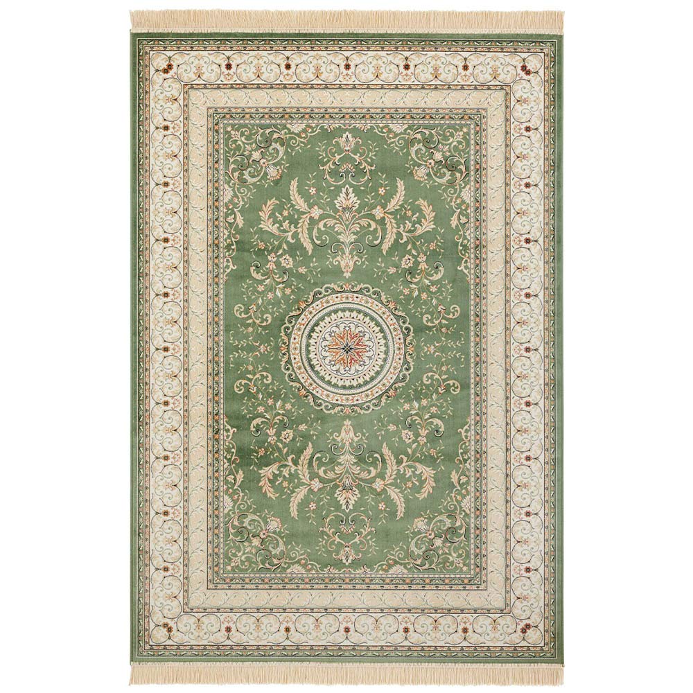 Naveh Orient Tapis de Salon Oriental à Poils Courts avec Franges Vintage Tapis Oriental en Velours pour Salle à Manger, Salon, Chambre à Coucher - Vert 95 x 140 cm