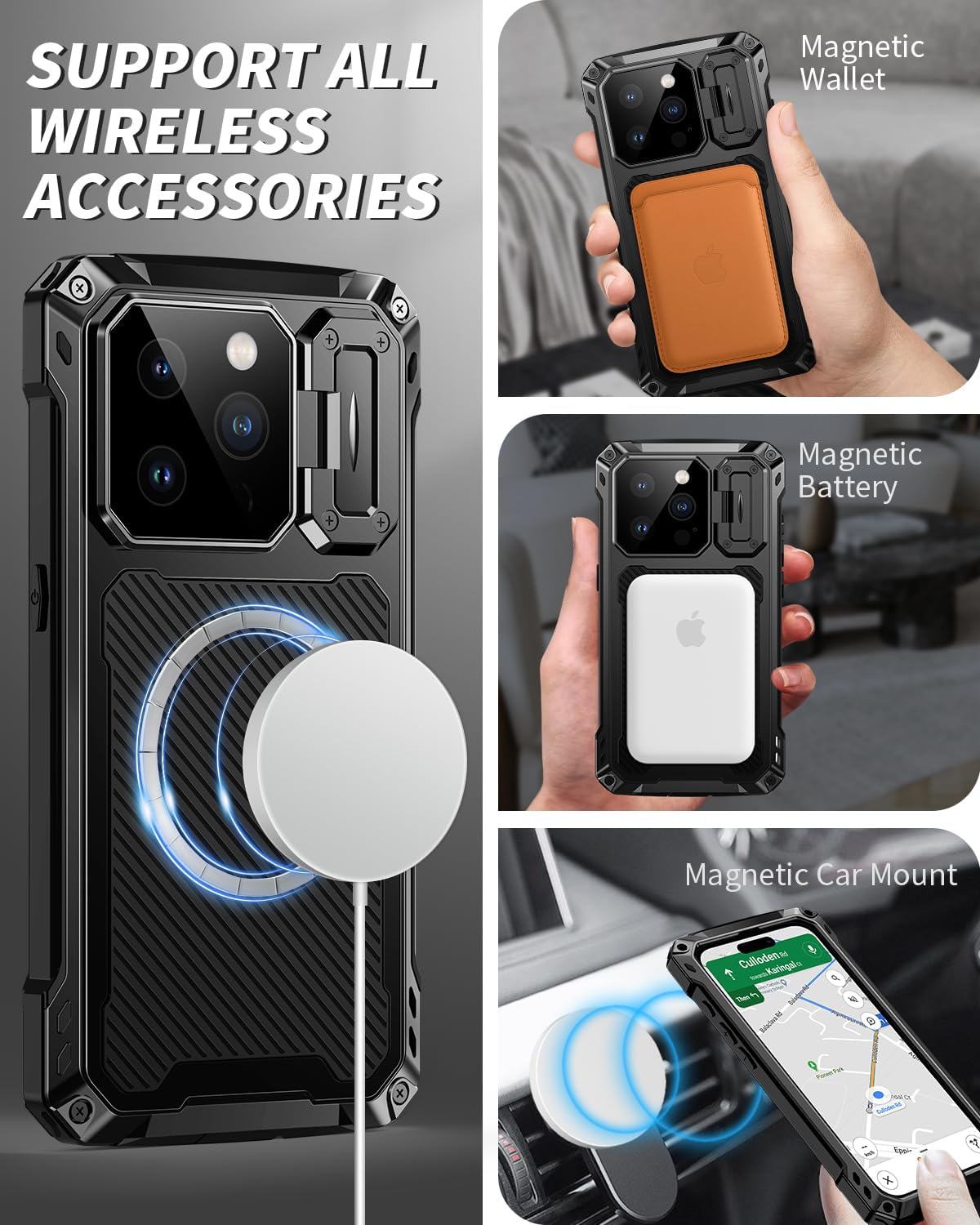 Lanhiem for iPhone 15 Pro Metal Case, [Built-in Camera Kickstand & Glass Screen Protector] Protective Heavy Duty Full Body Military Rugged Shockproof Magnetic Cover for iPhone 15 Pro 6.1" (Black)
