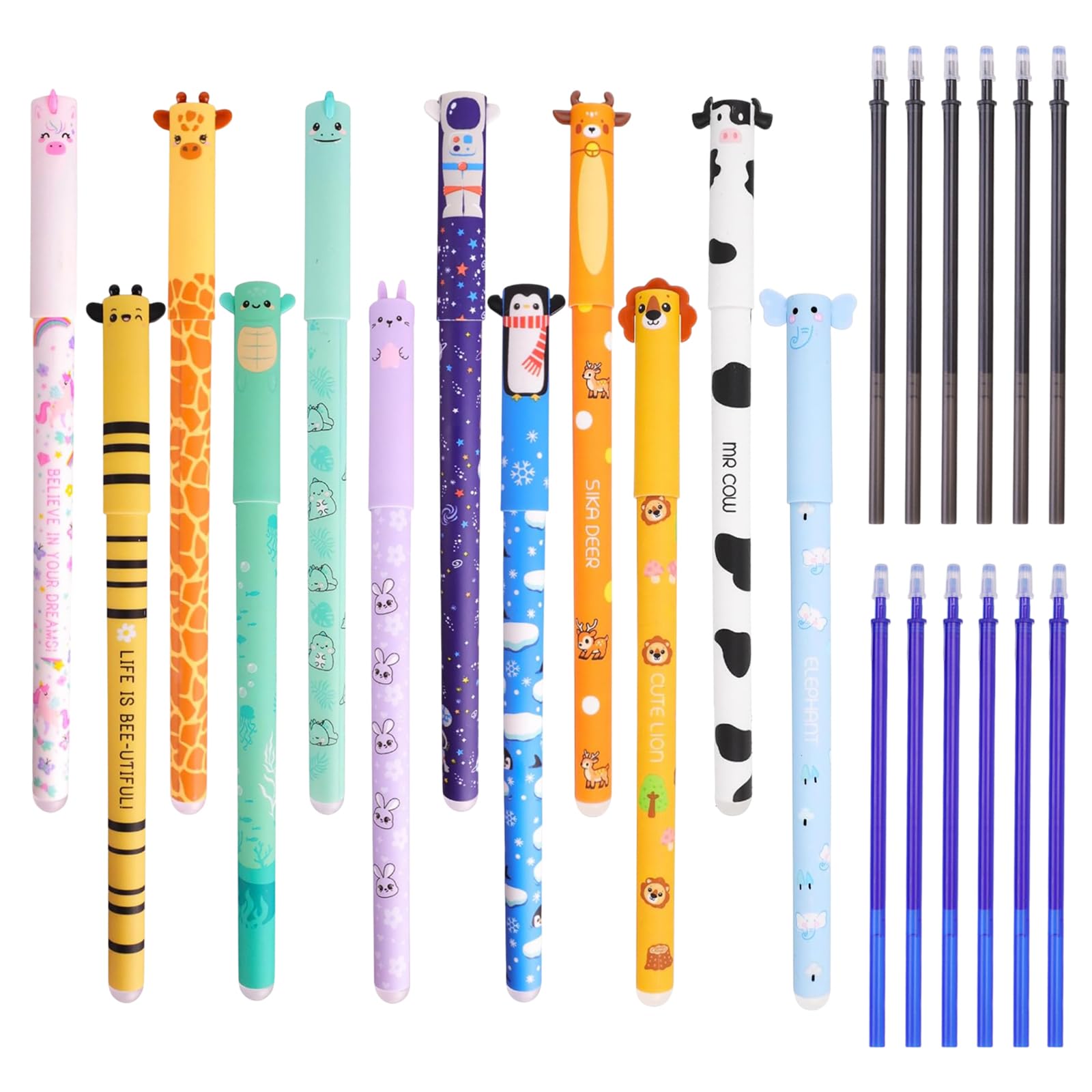 Oteovio 12PCS Erasable Pens Animals, Rub Out Pens with 0.5MM Black and Blue Refills, Office School Supplies, Animal Prints