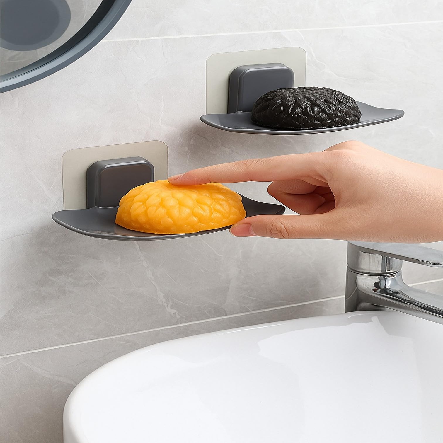 Hirsha Self Adhesive Soap Holder for Bathroom Wall | Plastic Soap Stand with Drain Tray | Wall Mounted Soap Dish | No Drilling Bathroom Soap Holder (Oval Shape Gray Color)