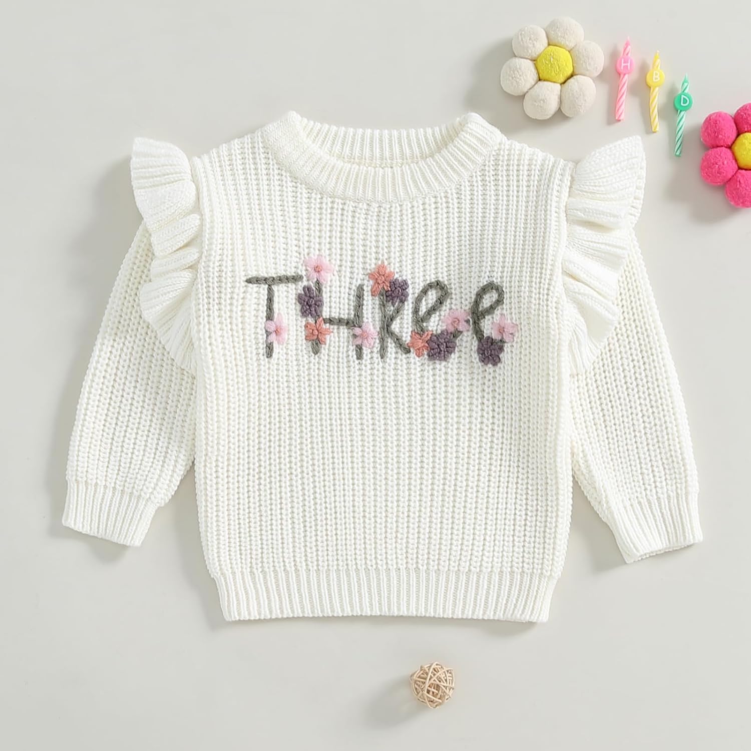 Todder Baby Girl 2 3 Years Birthday Sweater 2nd Birthday Outfits Floral 3rd Birthday Embroidery Knitted Pullover Sweatshirt (White for 3 Years Birthday, 3-4 Years) - Image 3