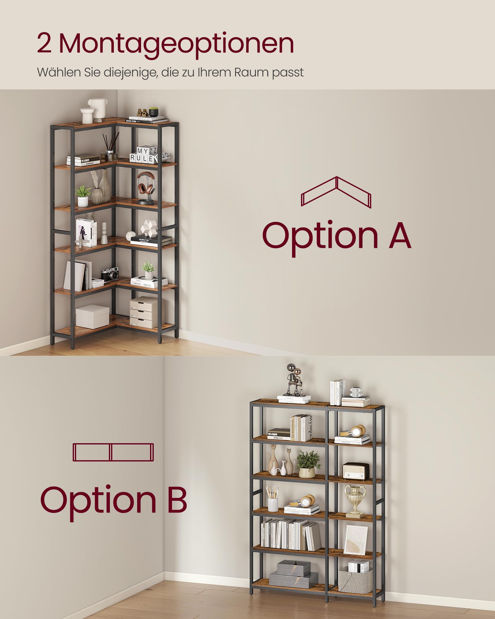 VASAGLE Bücherregal mit 6 Ebenen, Eckregal, Aufbewahrungsregal, 24 x 102 x 175,2 cm, modern, für Wohnzimmer, Schlafzimmer, Büro, vintagebraun-tintenschwarz LLS606K01