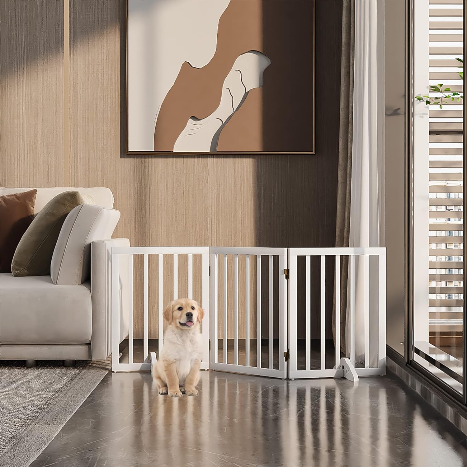 Freestanding Pet Gate, Wooden Folding Dog Barrier, 18 x 24 Inch, Indoor Safety Fence for Doorways and Stairs (White, 3-Panel)