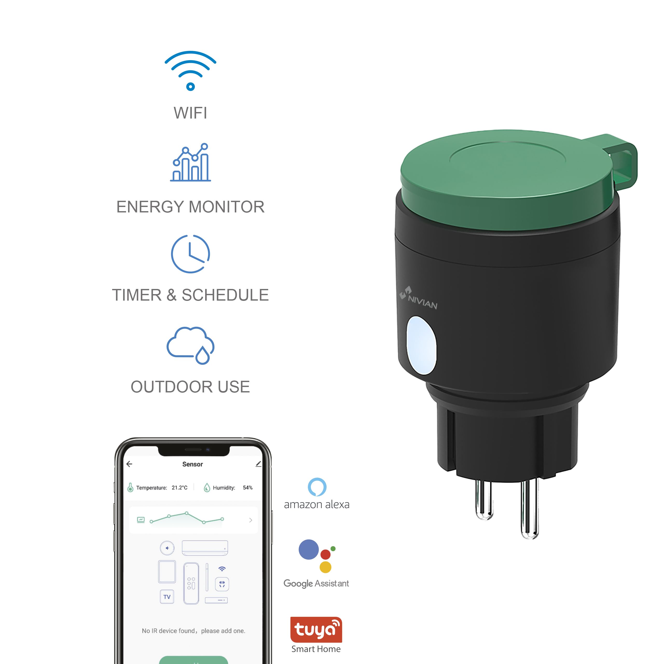NIVIAN Presa Intelligente WiFi da Esterno IP44, Controllo Remoto con App Tuya, Monitoraggio Consumi, Programmazione Oraria e Timer, Smart Home Giardino, Compatibile con Alexa e Google, App SmartLife