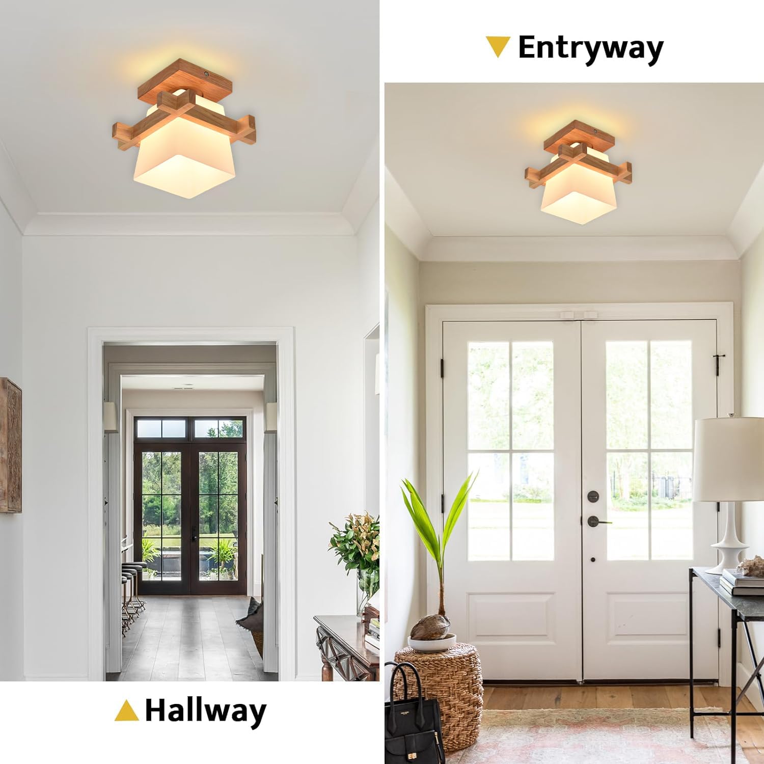 Plafón Madera Moderno con Bombilla LED Detector de Movimiento 3000K Lámpara de Techo Creativo Plafón E27 Vidrio Luces con Bombilla Sensor Crepuscular para Sótano Escalera Salida Corredor Cocina Balcón